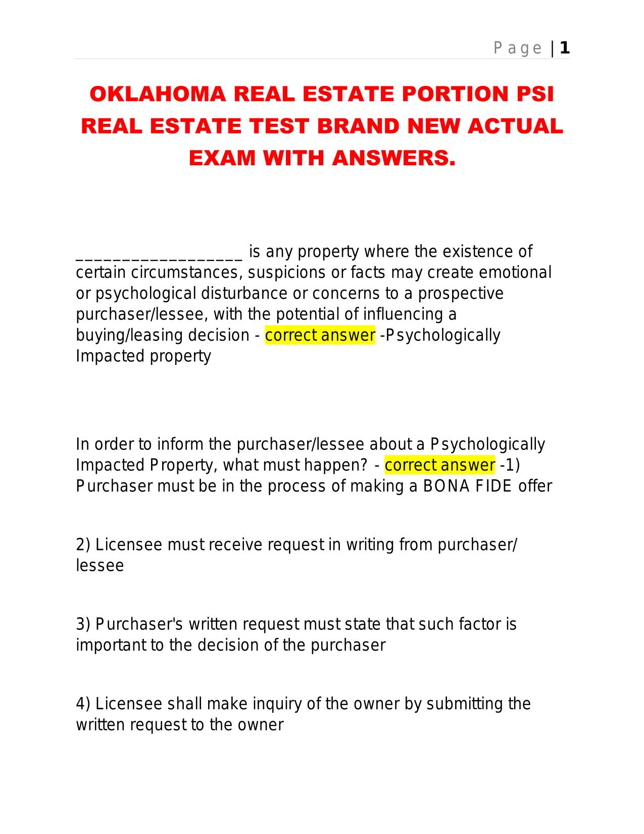 OKLAHOMA REAL ESTATE PORTION PSI REAL ESTATE TEST BRAND NEW ACTUAL EXAM WITH ANSWERS.