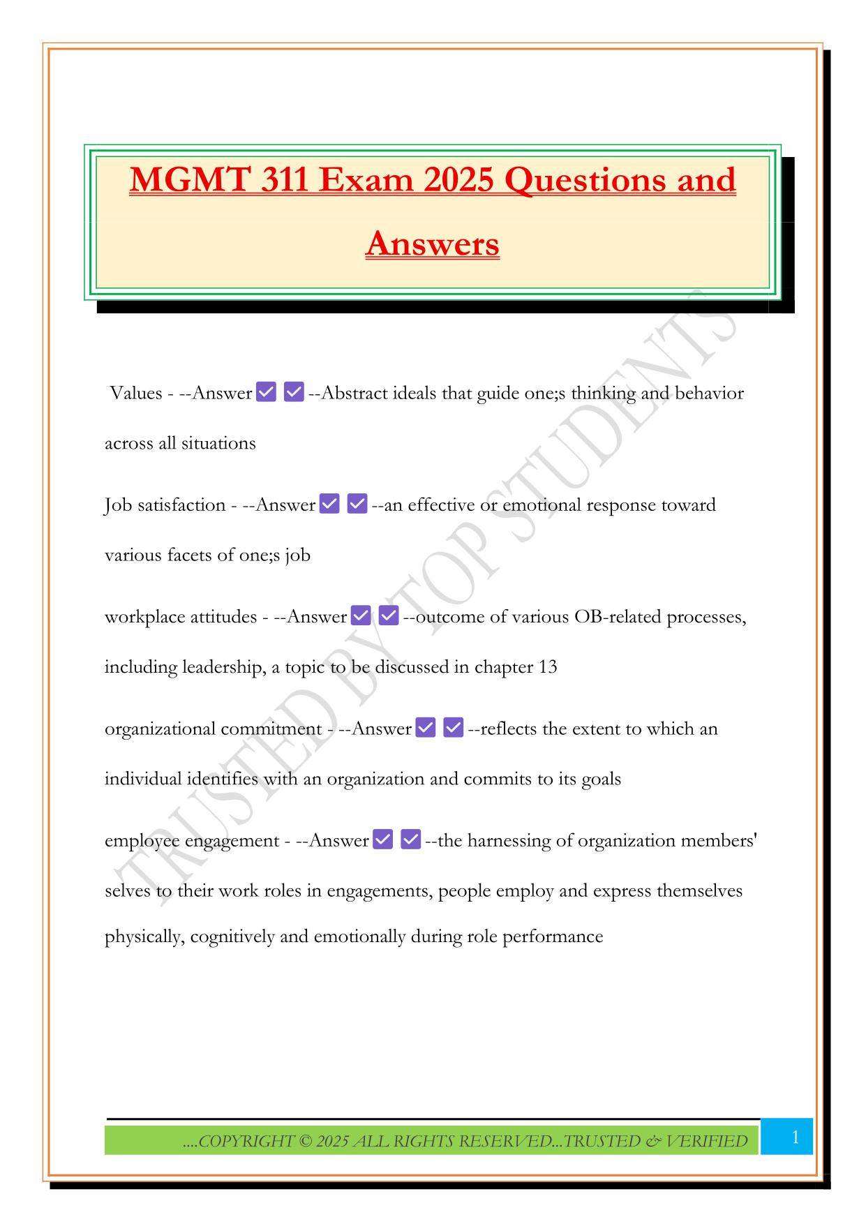 MGMT 311 Exam 2025 Questions and Answers