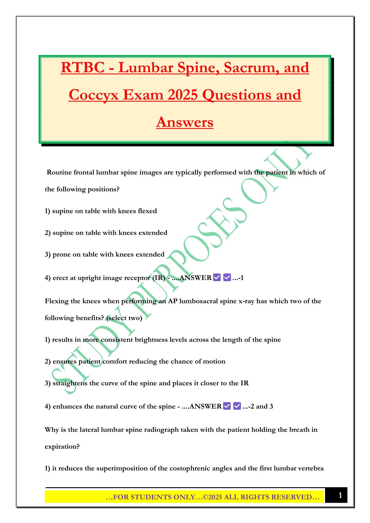 RTBC - Lumbar Spine, Sacrum, and Coccyx Exam 2025 Questions and Answers