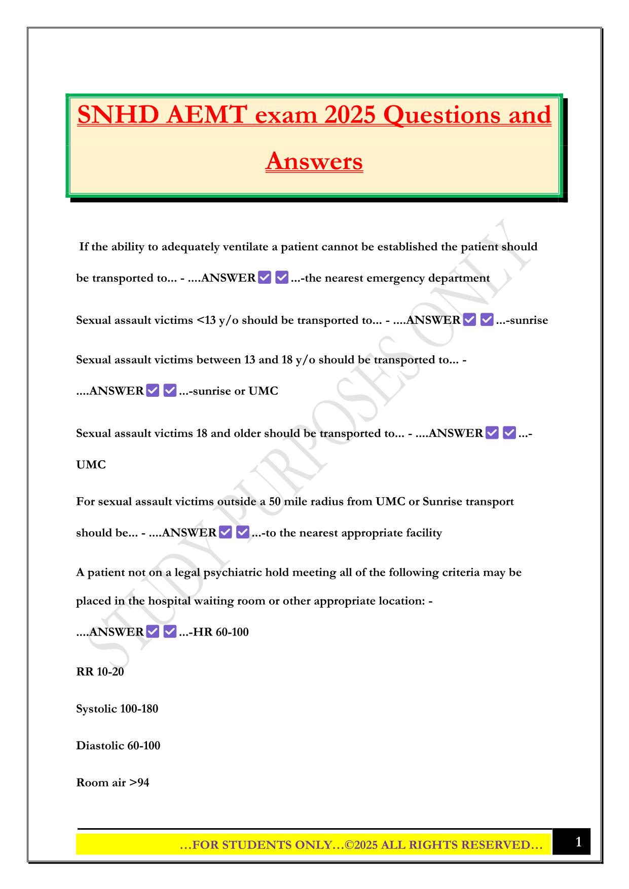 SNHD AEMT exam 2025 Questions and Answers