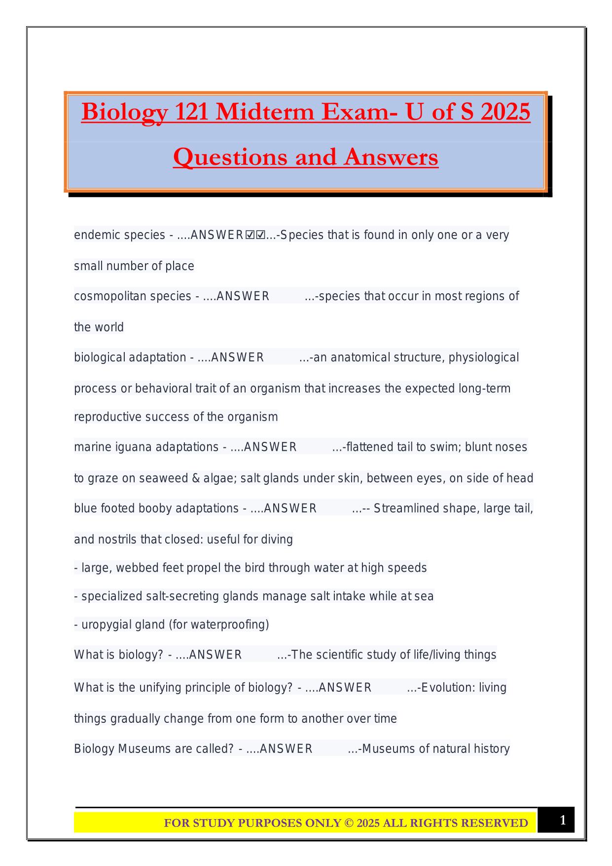 Biology 121 Midterm Exam- U of S 2025 Questions and Answers