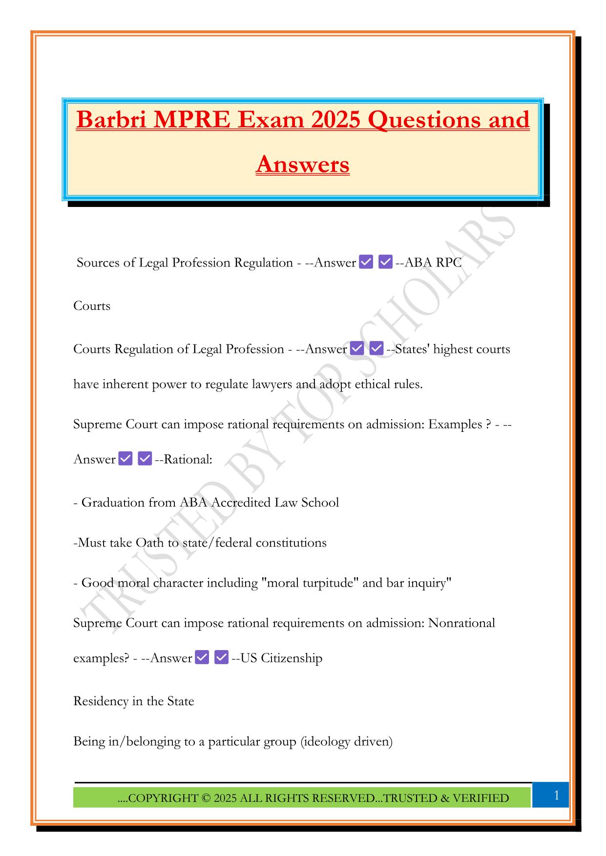 Barbri MPRE Exam 2025 Questions and Answers
