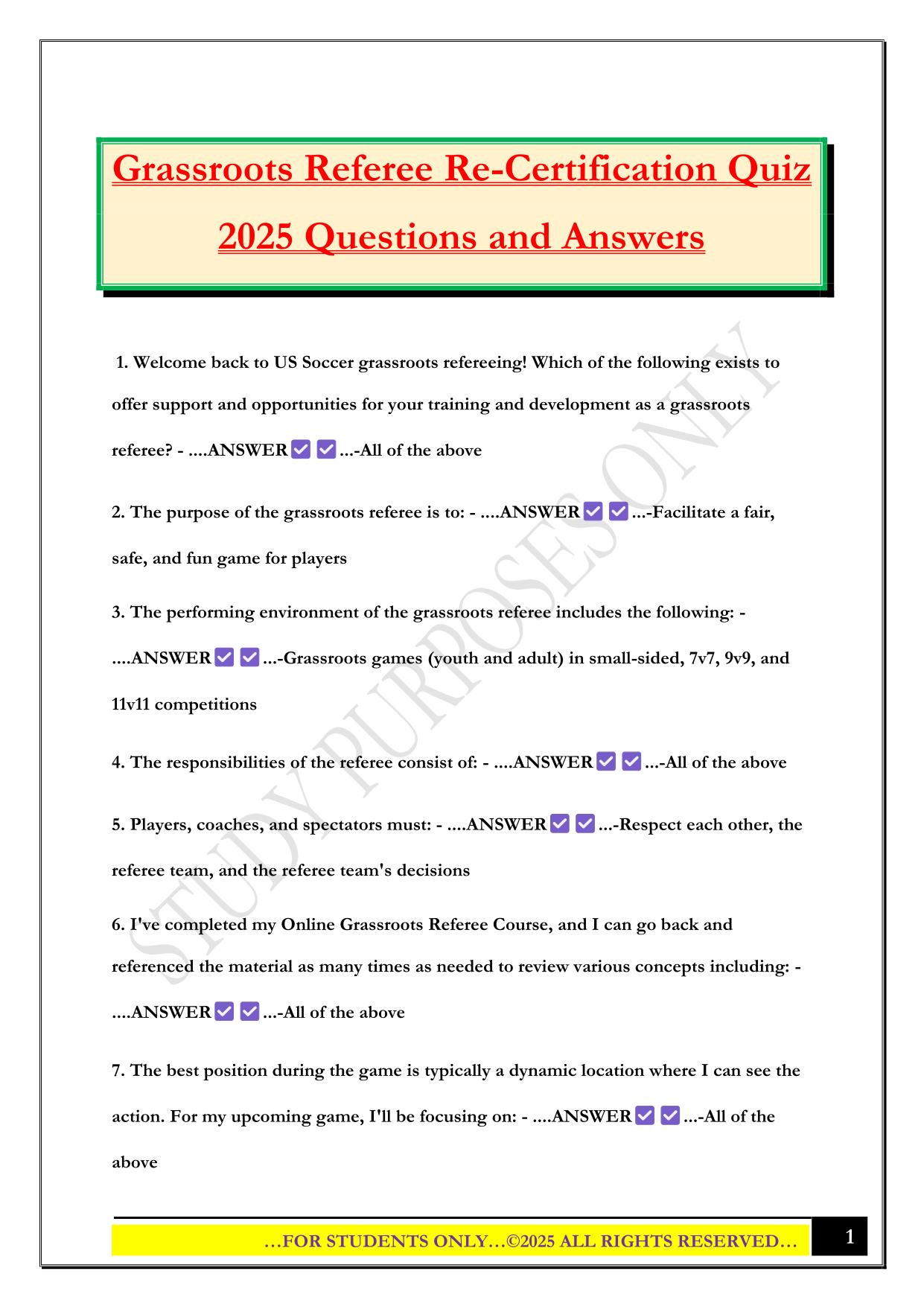Grassroots Referee Re-Certification Quiz 2025 Questions and Answers