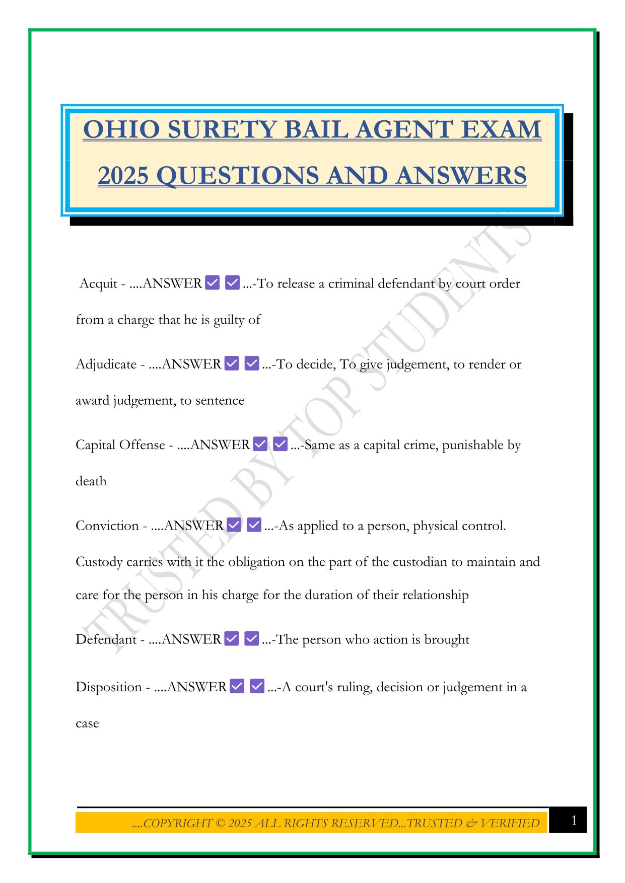 OHIO SURETY BAIL AGENT EXAM 2025 QUESTIONS AND ANSWERS