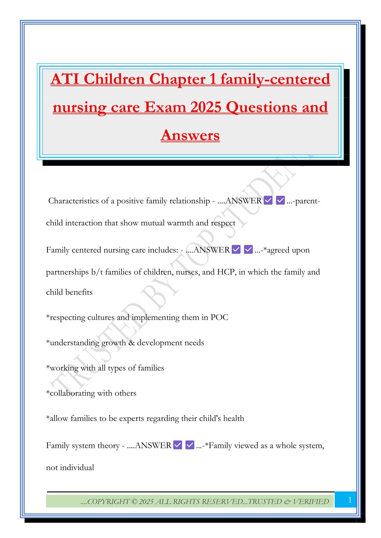 ATI Children Chapter 1 family-centered nursing care Exam 2025 Questions and Answers
