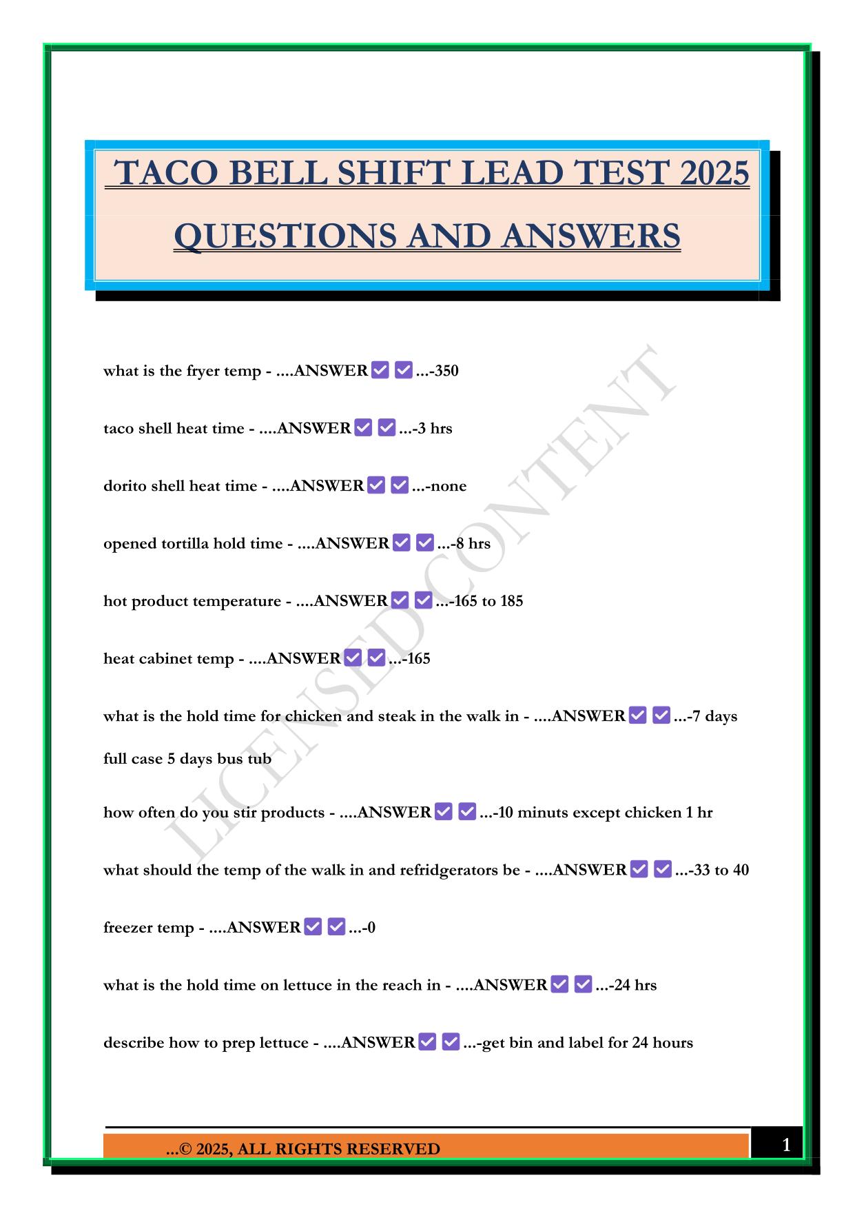 TACO BELL SHIFT LEAD TEST 2025 QUESTIONS AND ANSWERS