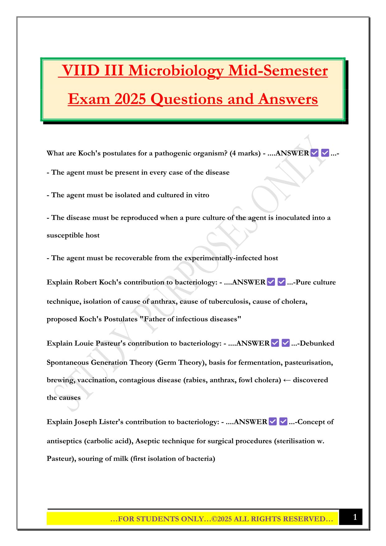 VIID III Microbiology Mid-Semester Exam 2025 Questions and Answers