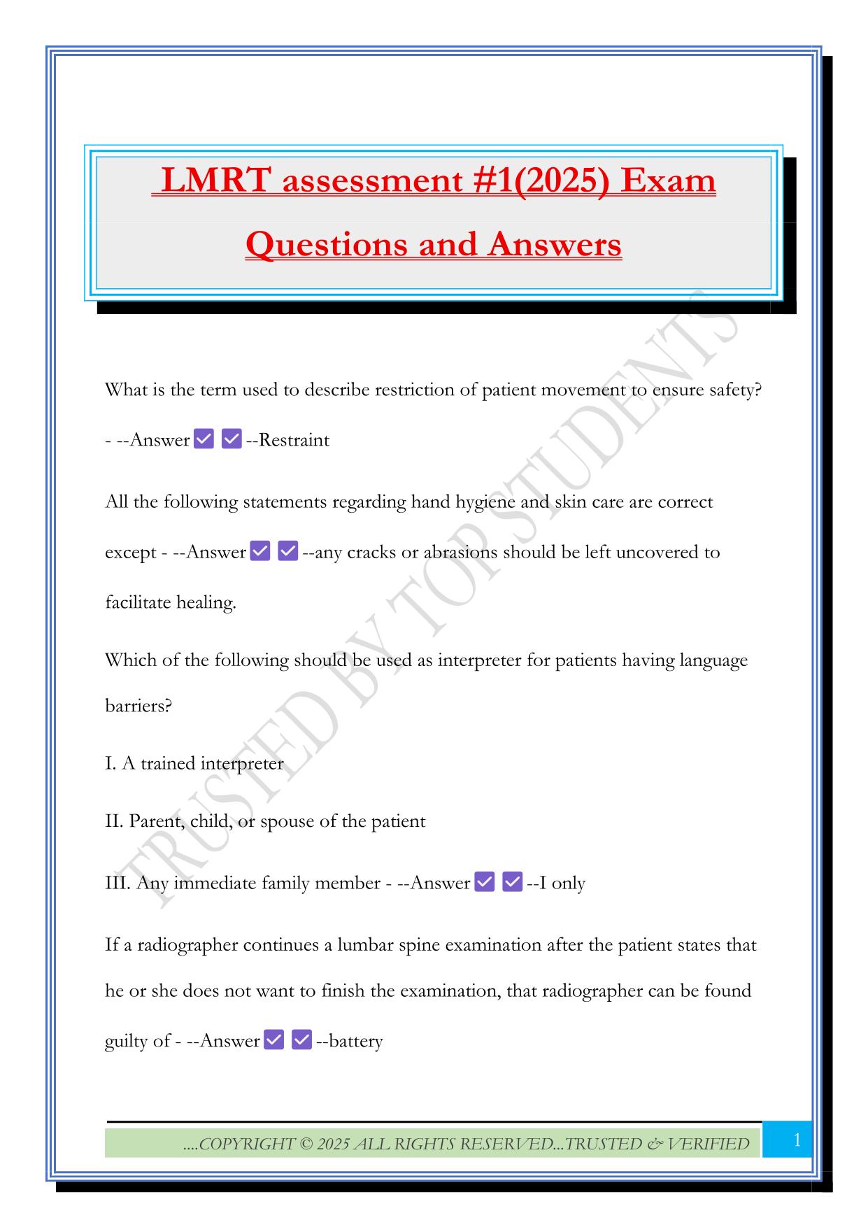 LMRT assessment #1(2025) Exam Questions and Answers