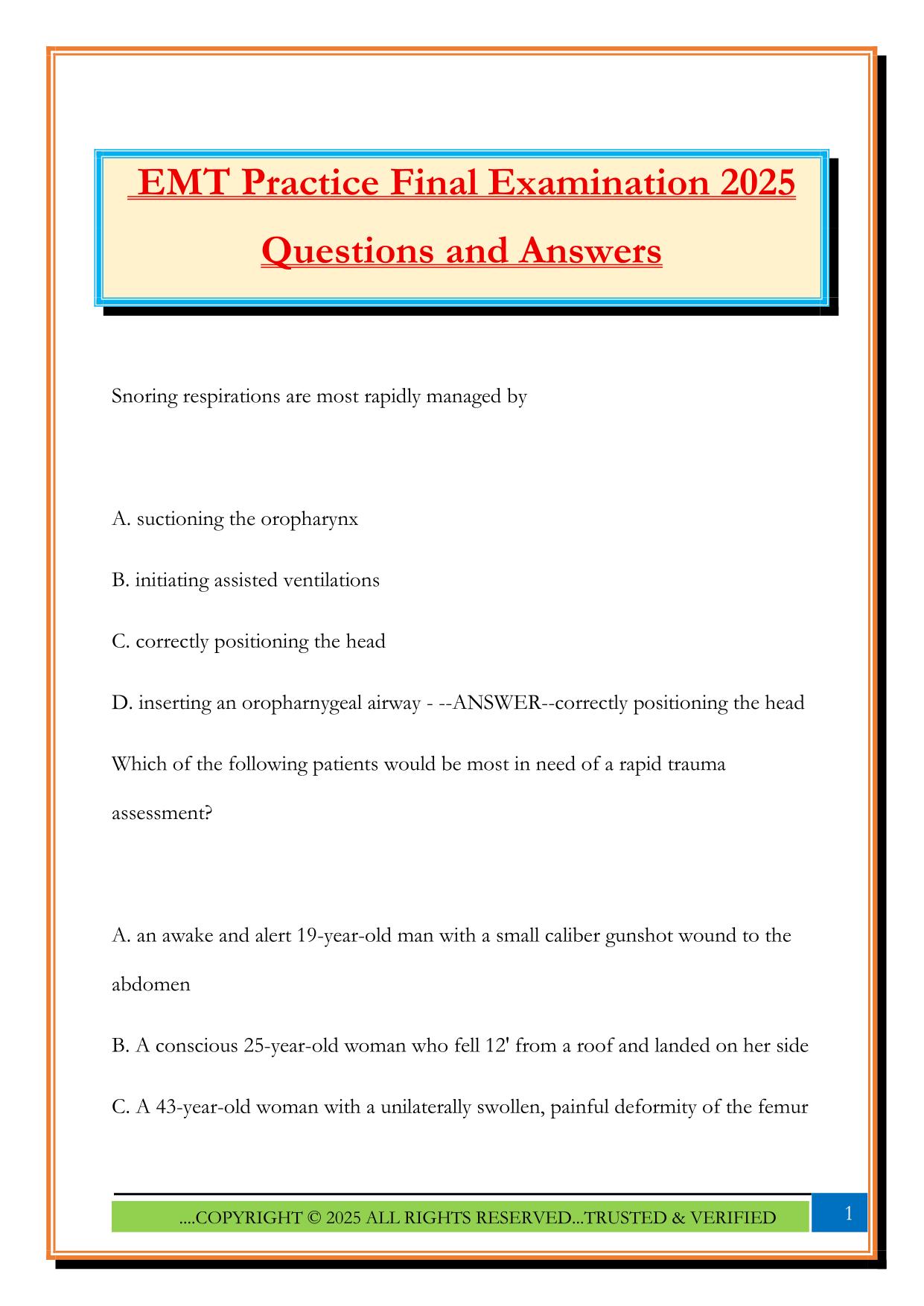 EMT Practice Final Examination 2025 Questions and Answers