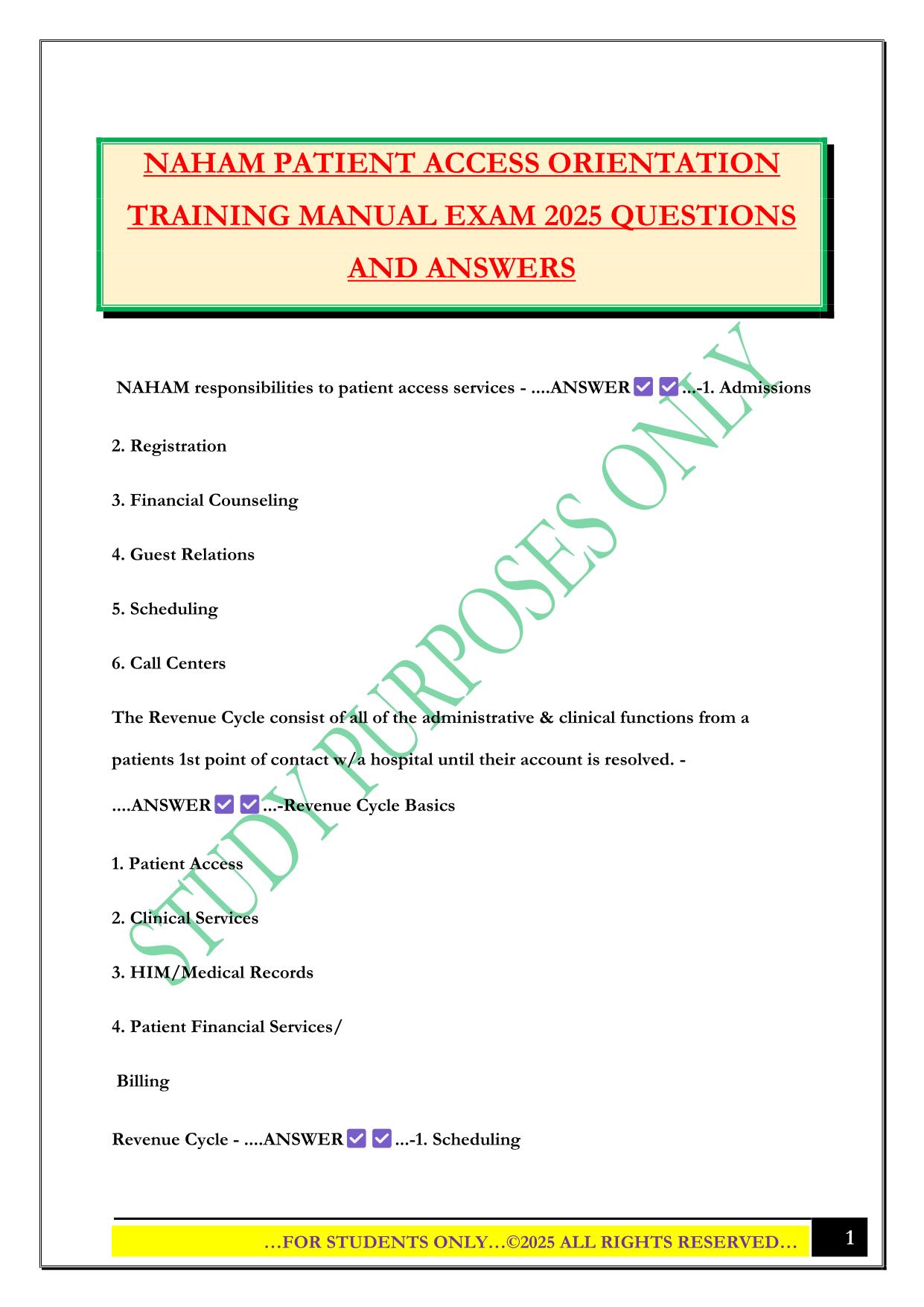 NAHAM PATIENT ACCESS ORIENTATION TRAINING MANUAL EXAM 2025 QUESTIONS AND ANSWERS