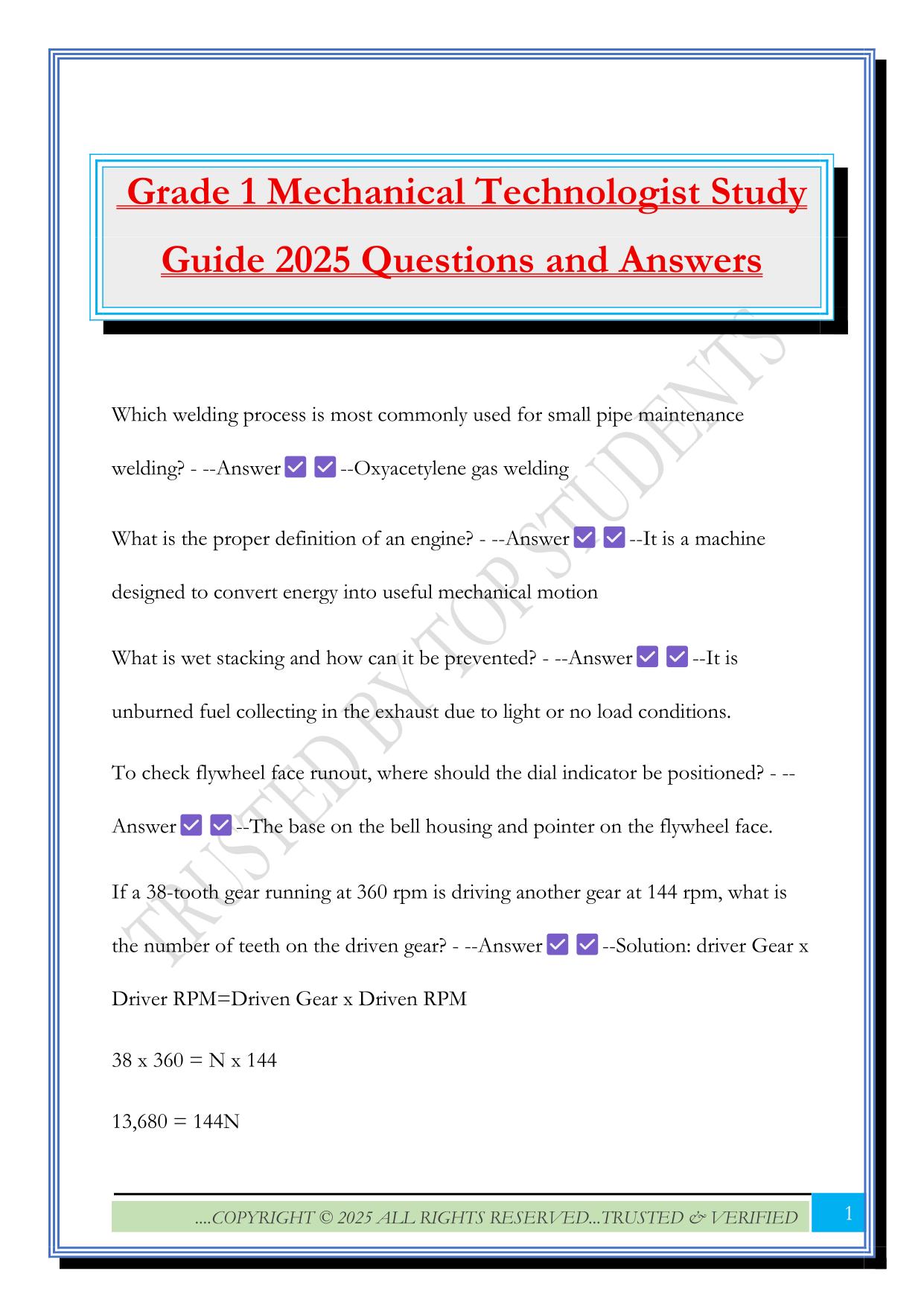 Grade 1 Mechanical Technologist Study Guide 2025 Questions and Answers