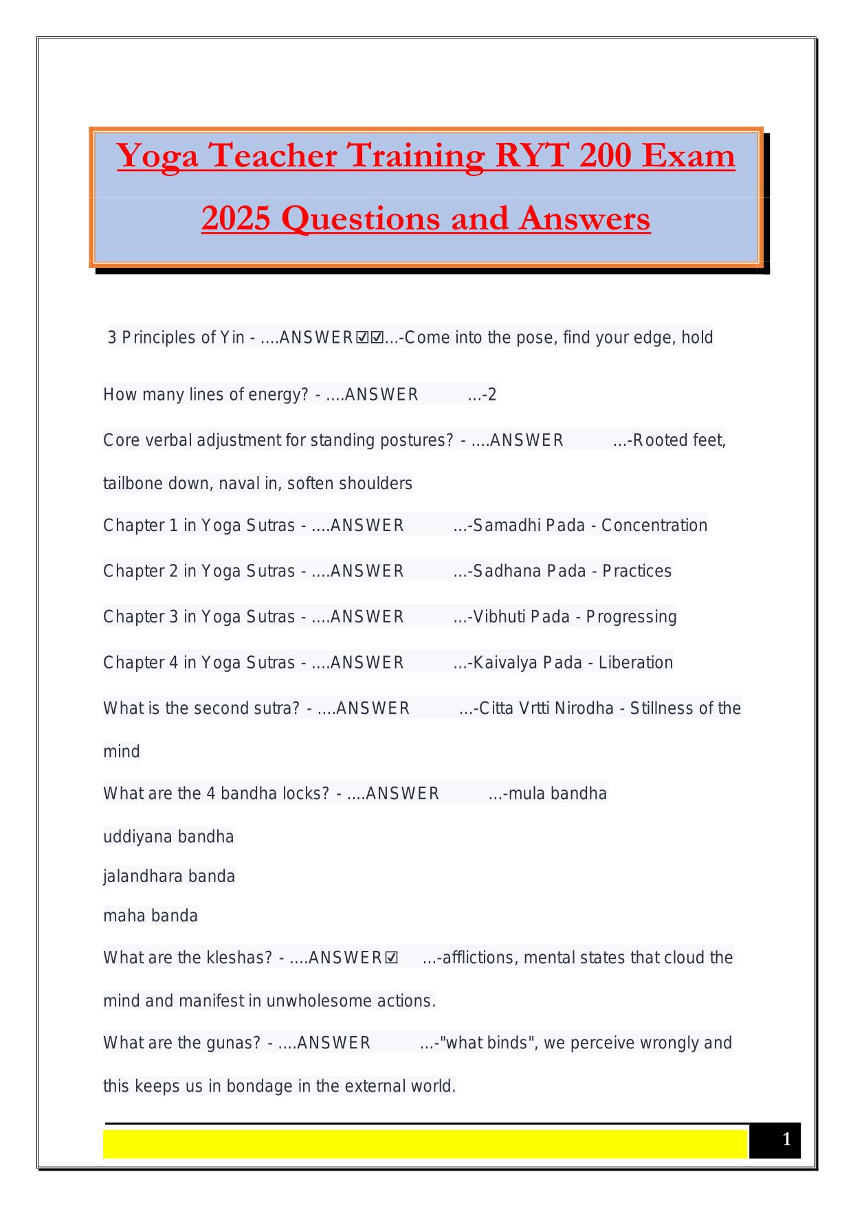 Yoga Teacher Training RYT 200 Exam 2025 Questions and Answers