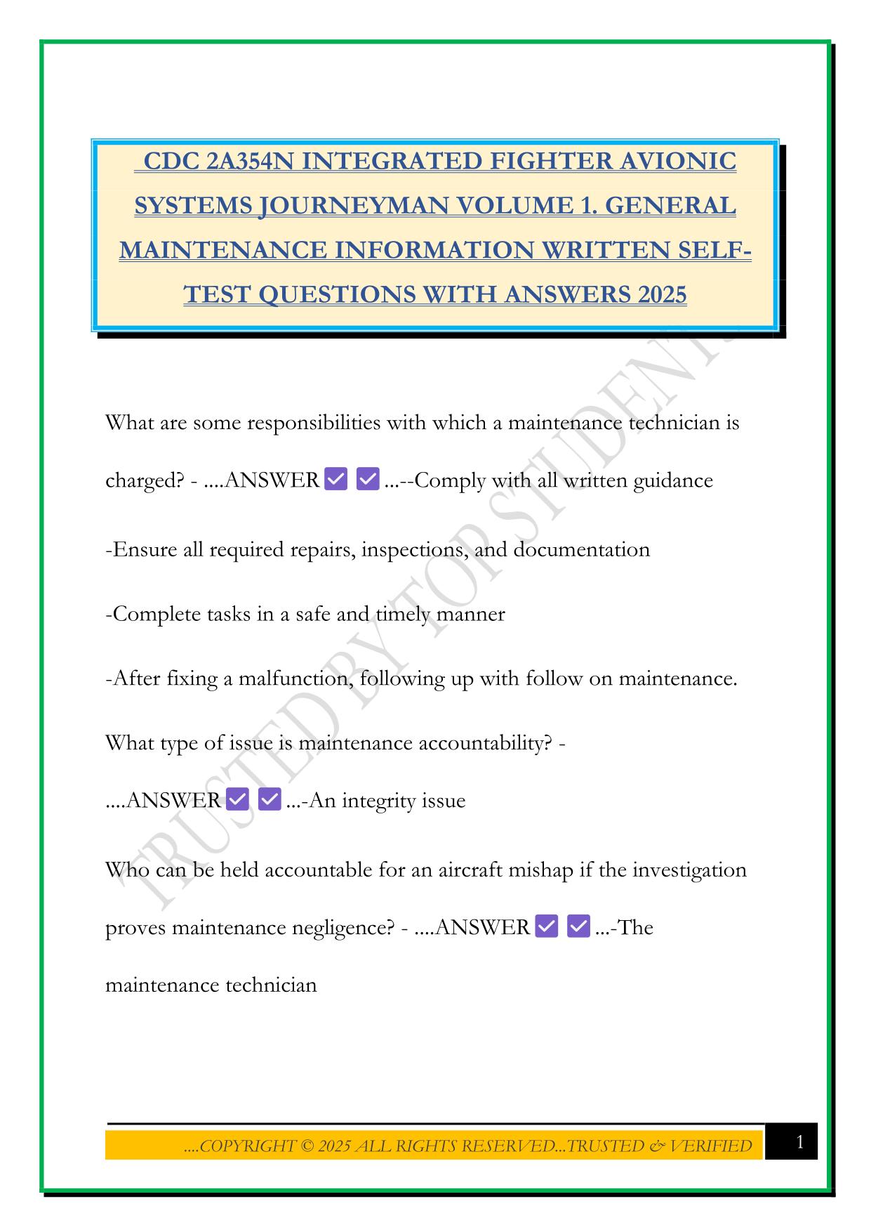 CDC 2A354N INTEGRATED FIGHTER AVIONIC SYSTEMS JOURNEYMAN VOLUME 1. GENERAL MAINTENANCE INFORMATION WRITTEN SELF- TEST QUESTIONS WITH ANSWERS 2025