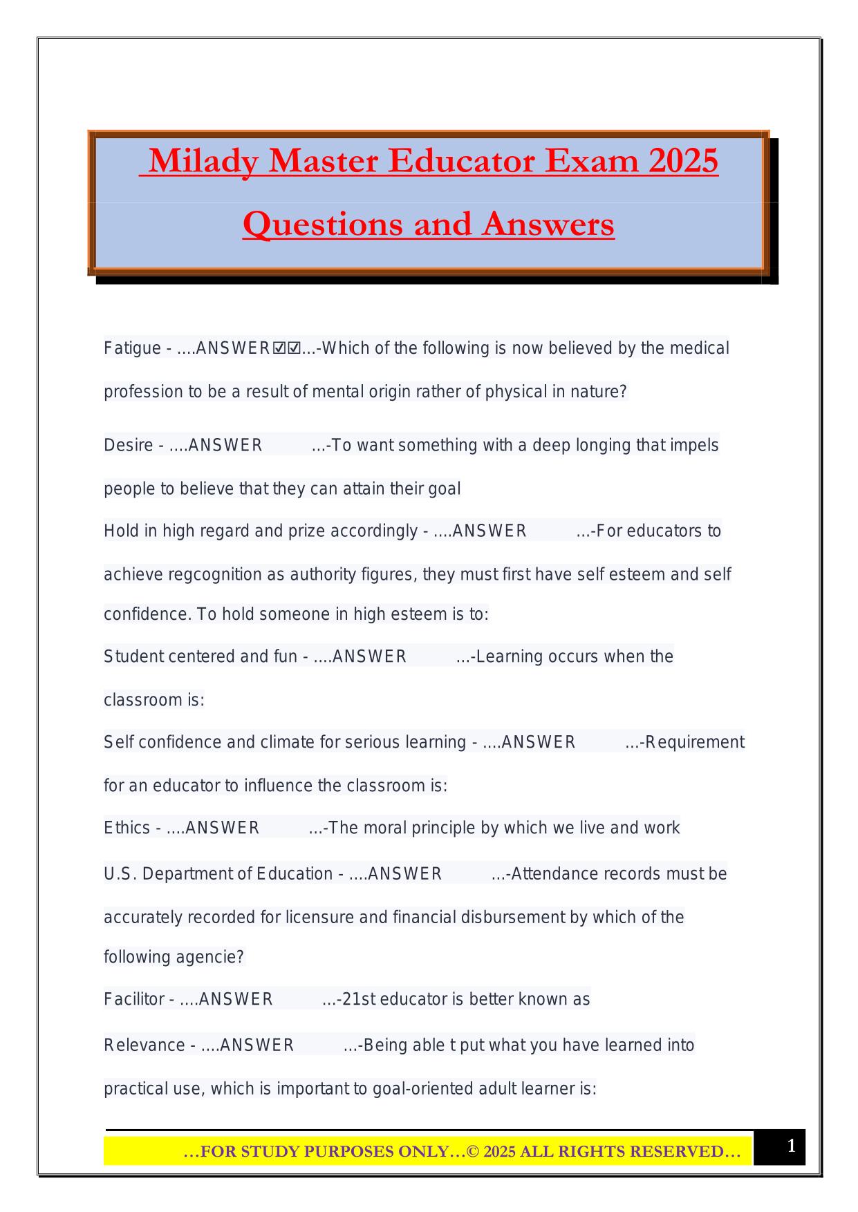 Milady Master Educator Exam 2025 Questions and Answers