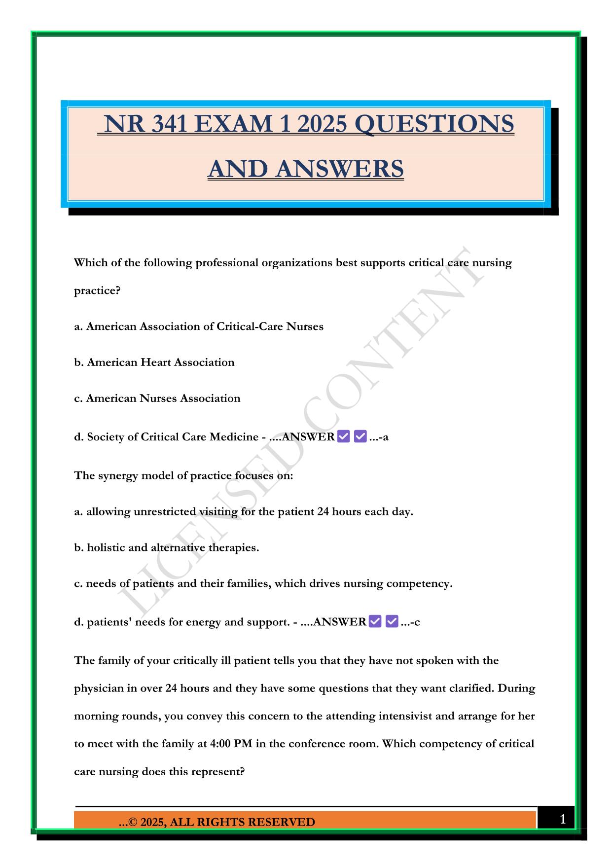 NR 341 EXAM 1 2025 QUESTIONS AND ANSWERS