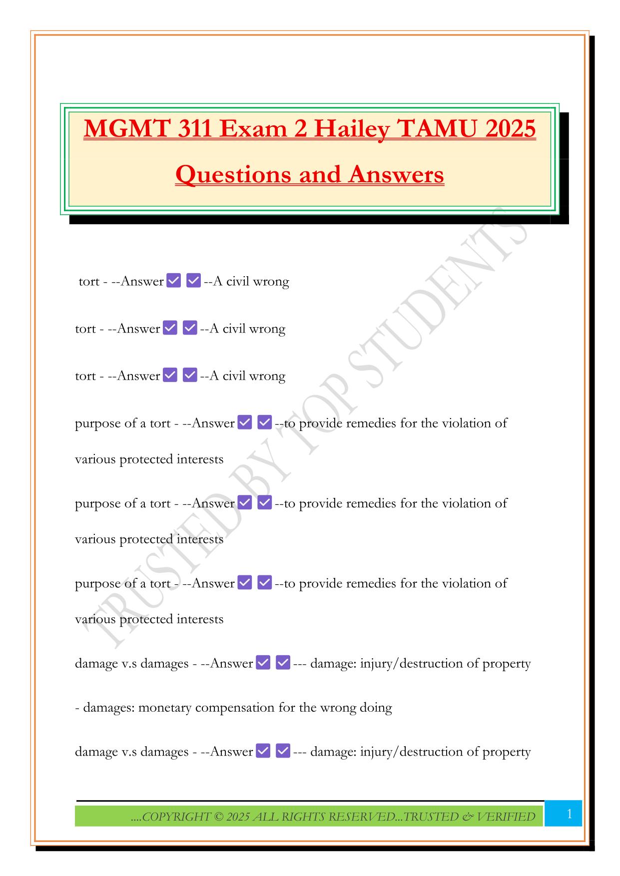 MGMT 311 Exam 2 Hailey TAMU 2025 Questions and Answers