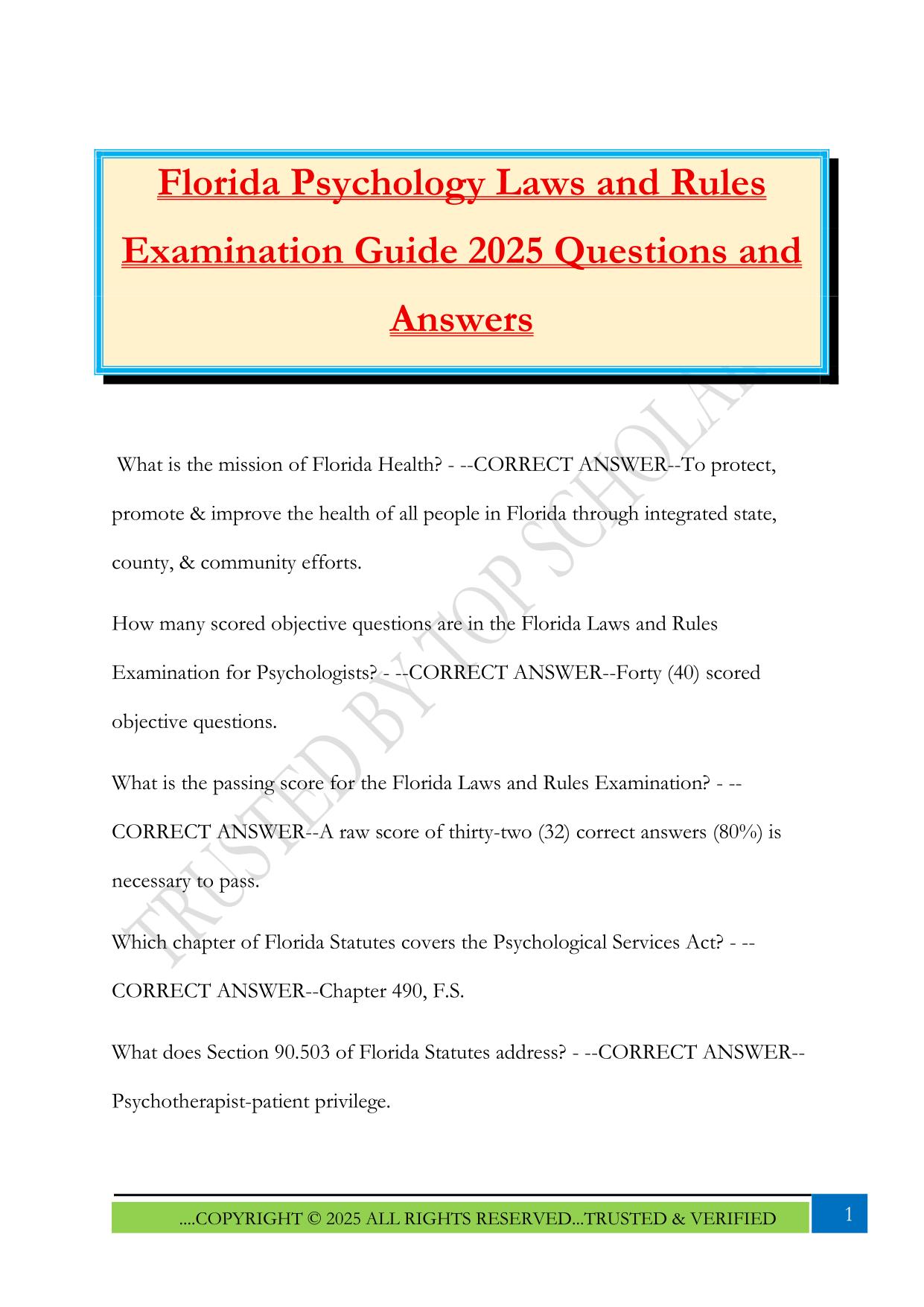 Florida Psychology Laws and Rules Examination Guide 2025 Questions and Answers