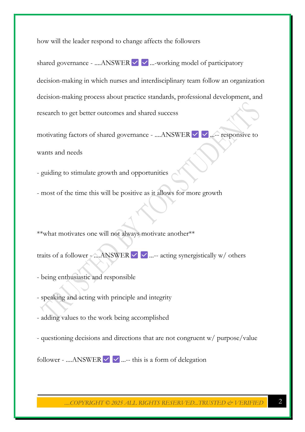 EXAM 1 - NURSING LEADERSHIP MANAGEMENT 2025 QUESTIONS AND ANSWERS