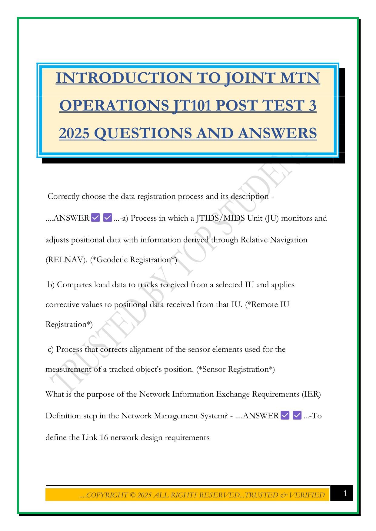 INTRODUCTION TO JOINT MTN OPERATIONS JT101 POST TEST 3 2025 QUESTIONS AND ANSWERS