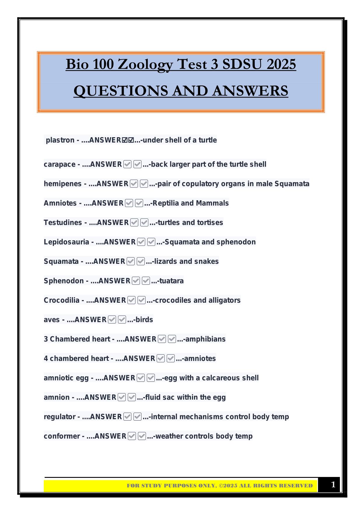 Bio 100 Zoology Test 3 SDSU 2025 QUESTIONS AND ANSWERS