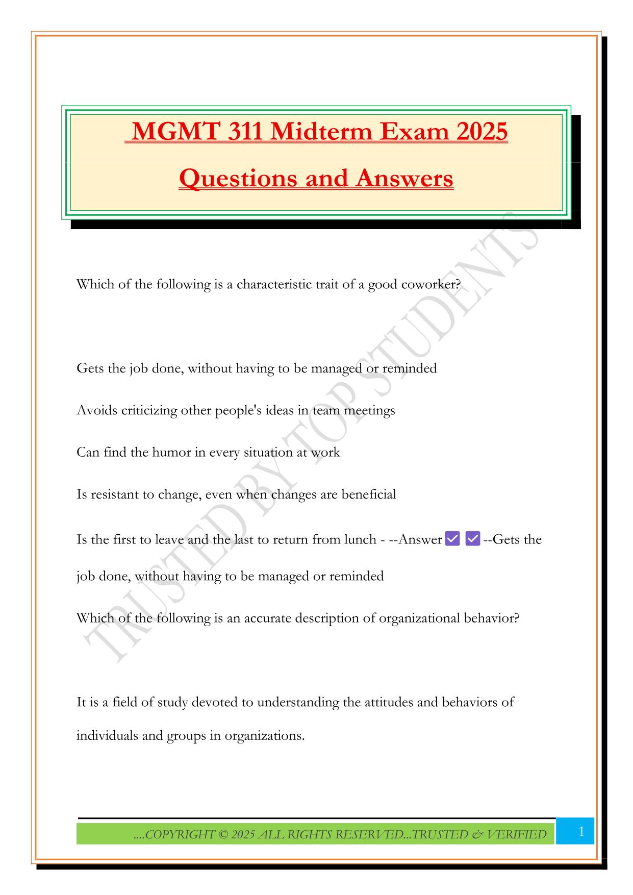 MGMT 311 Midterm Exam 2025 Questions and Answers