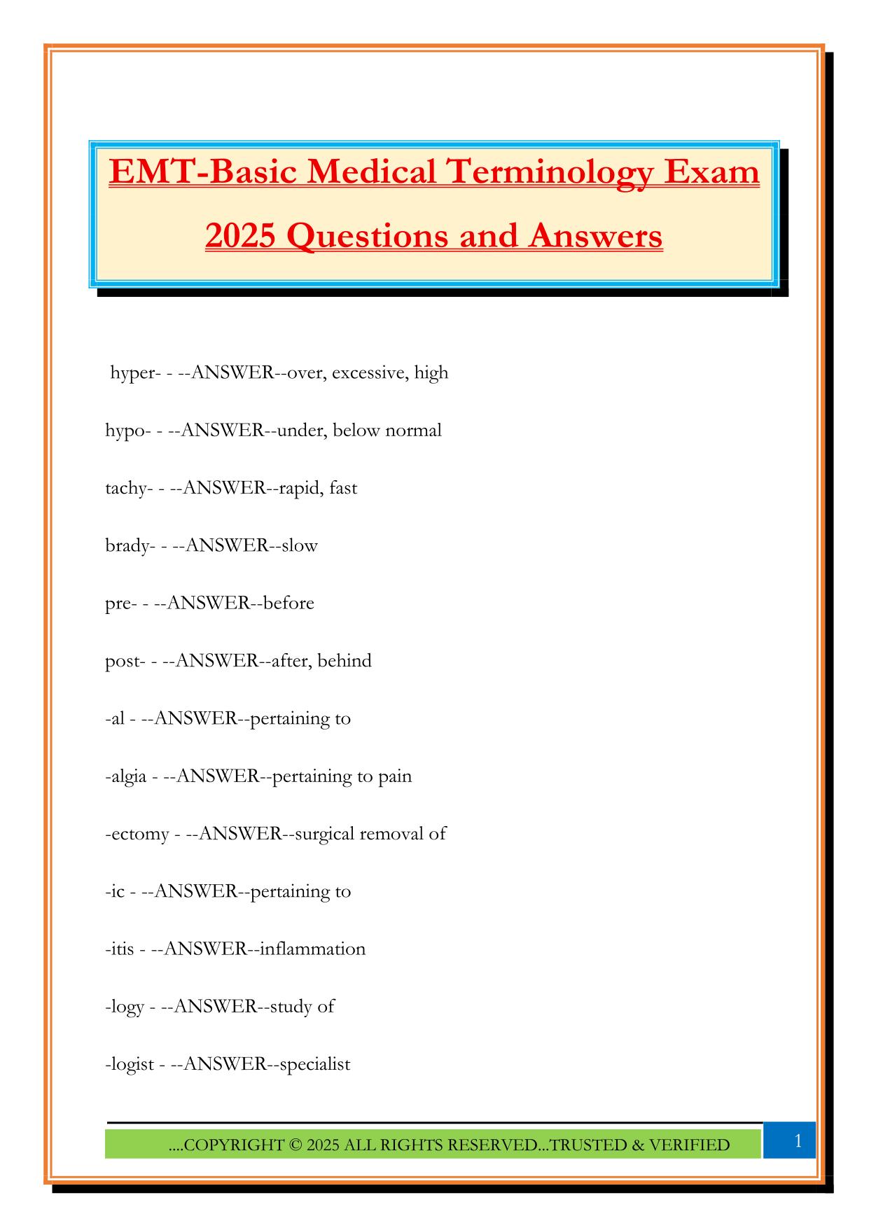 EMT-Basic Medical Terminology Exam 2025 Questions and Answers
