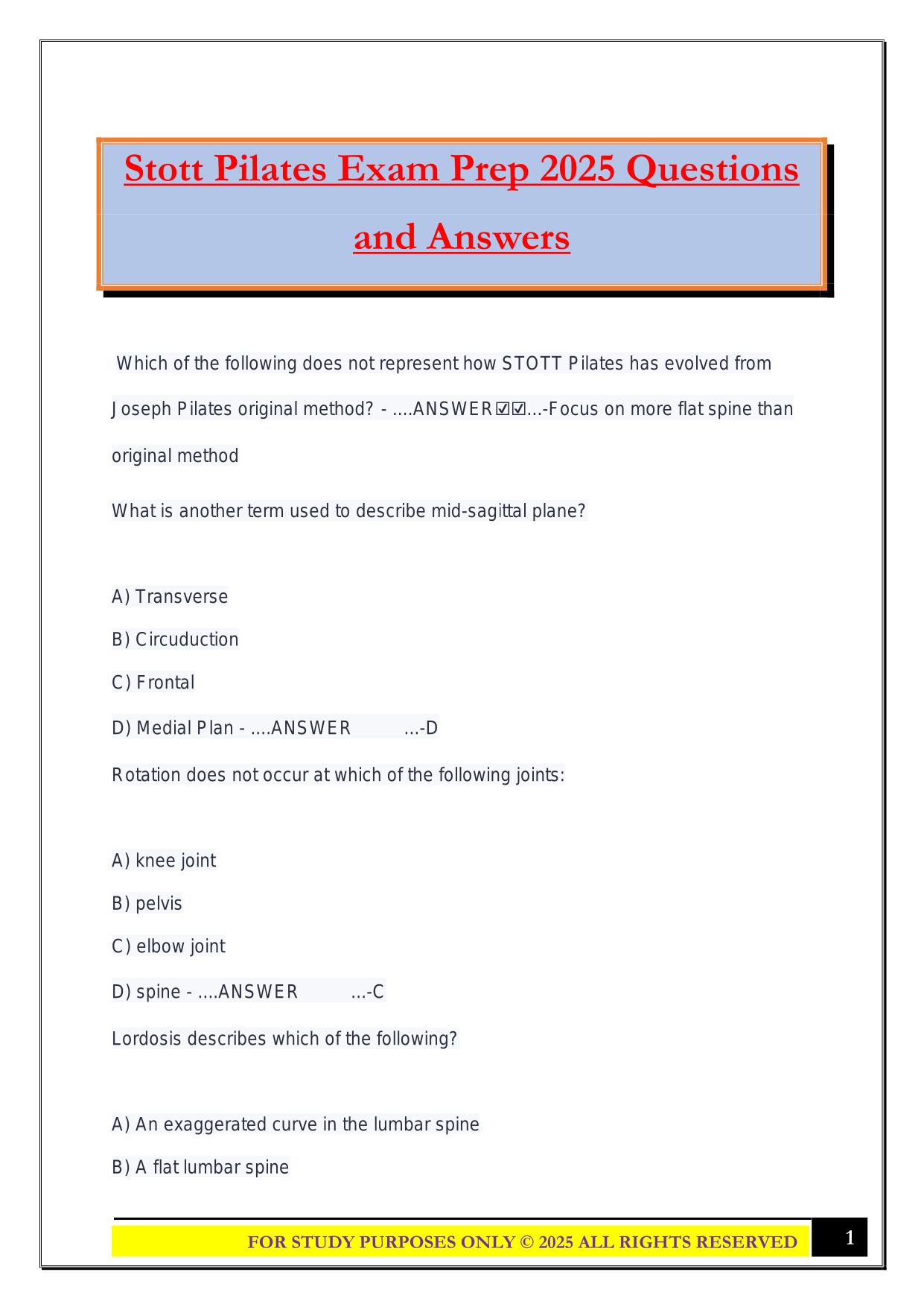 Stott Pilates Exam Prep 2025 Questions and Answers