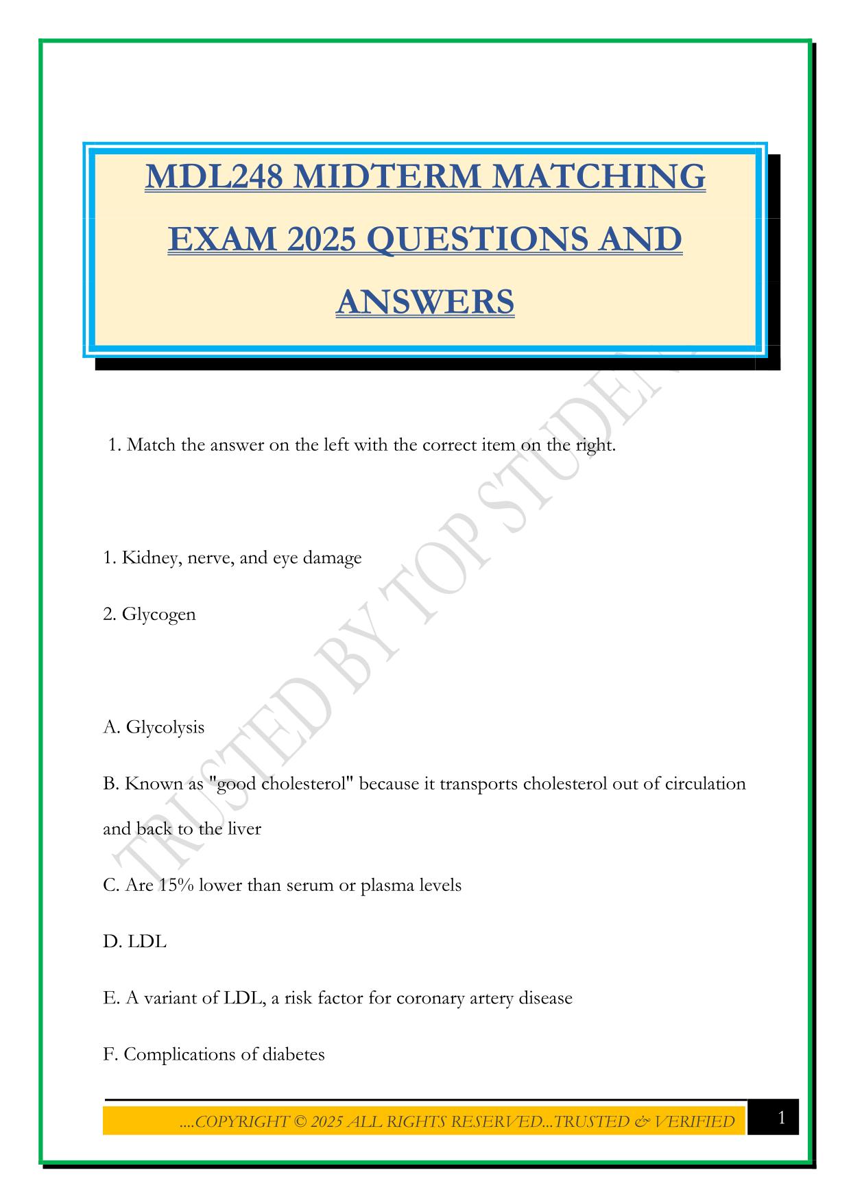 MDL248 MIDTERM MATCHING EXAM 2025 QUESTIONS AND ANSWERS