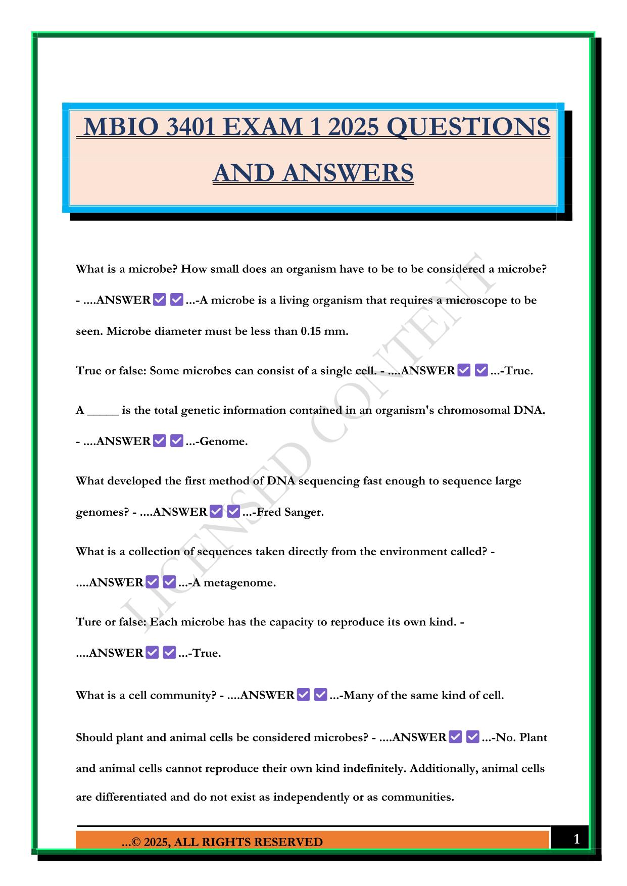 MBIO 3401 EXAM 1 2025 QUESTIONS AND ANSWERS