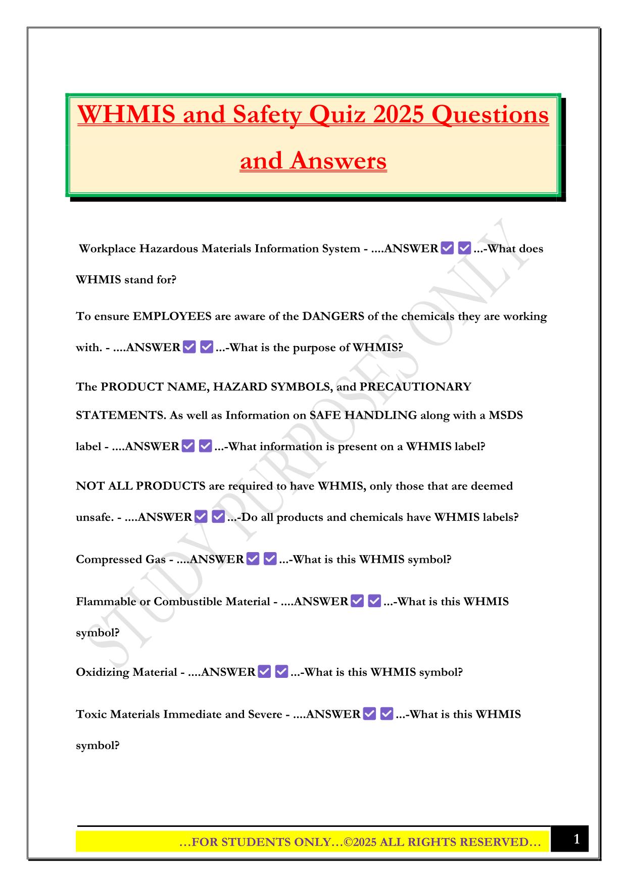 WHMIS and Safety Quiz 2025 Questions and Answers