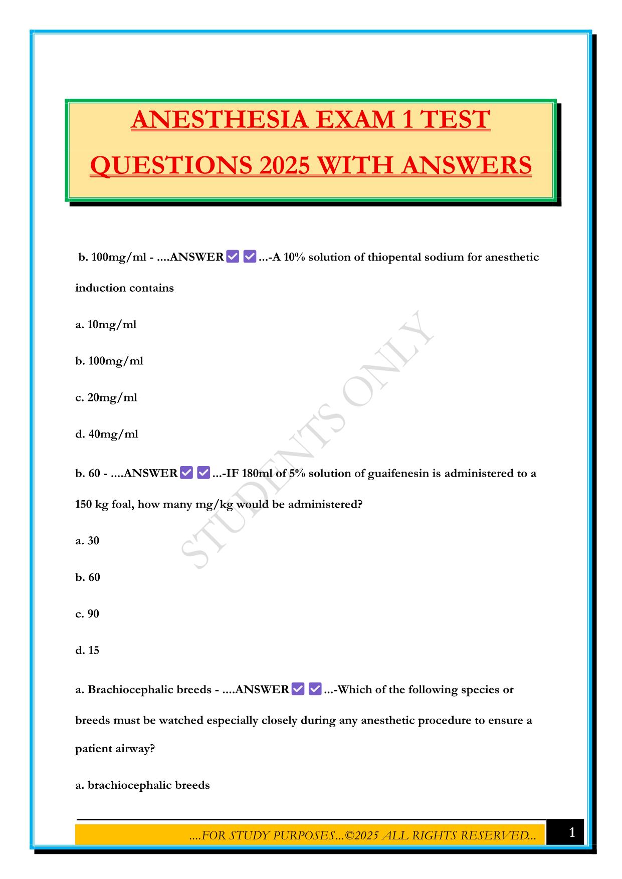 ANESTHESIA EXAM 1 TEST QUESTIONS 2025 WITH ANSWERS