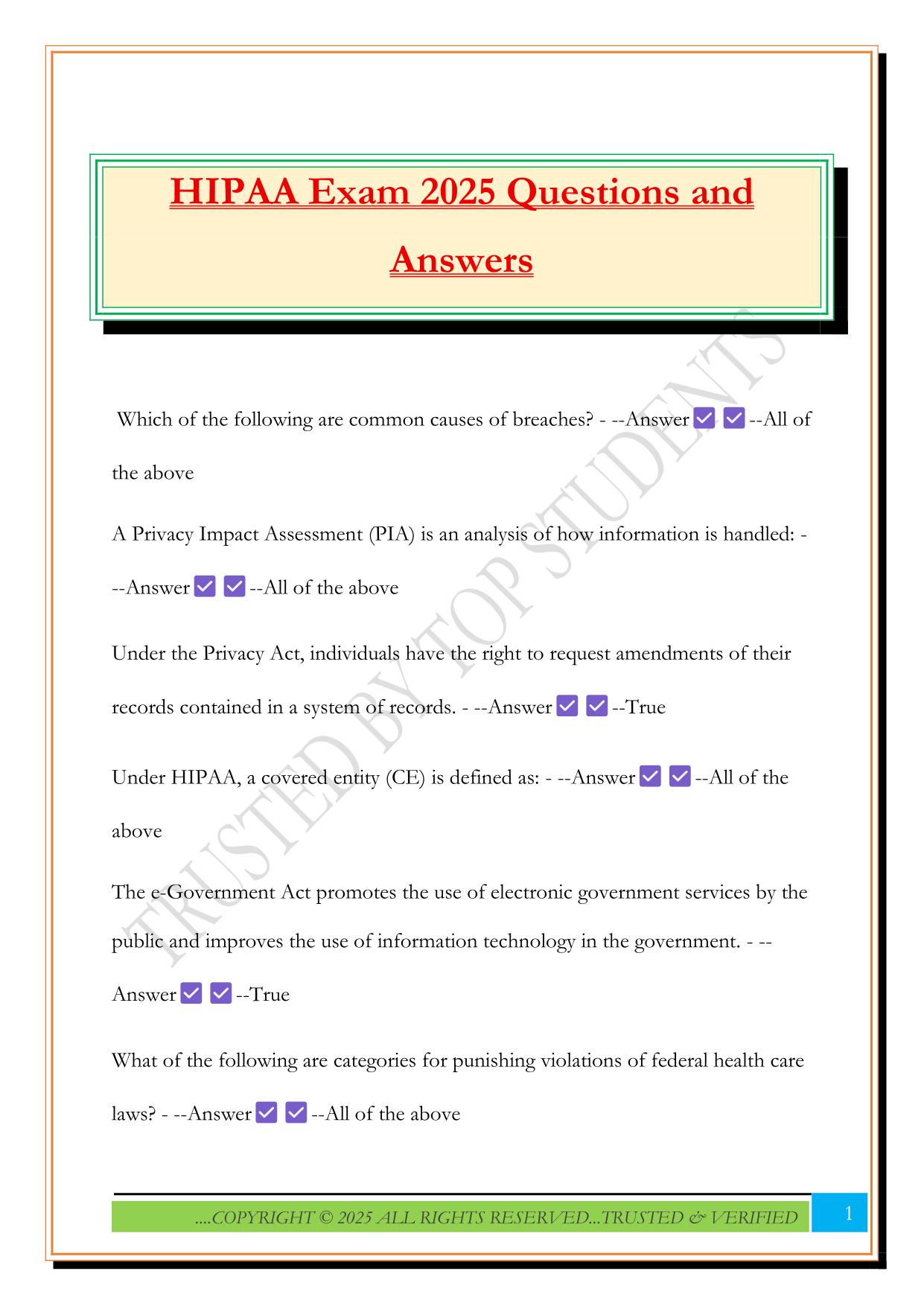 HIPAA Exam 2025 Questions and Answers