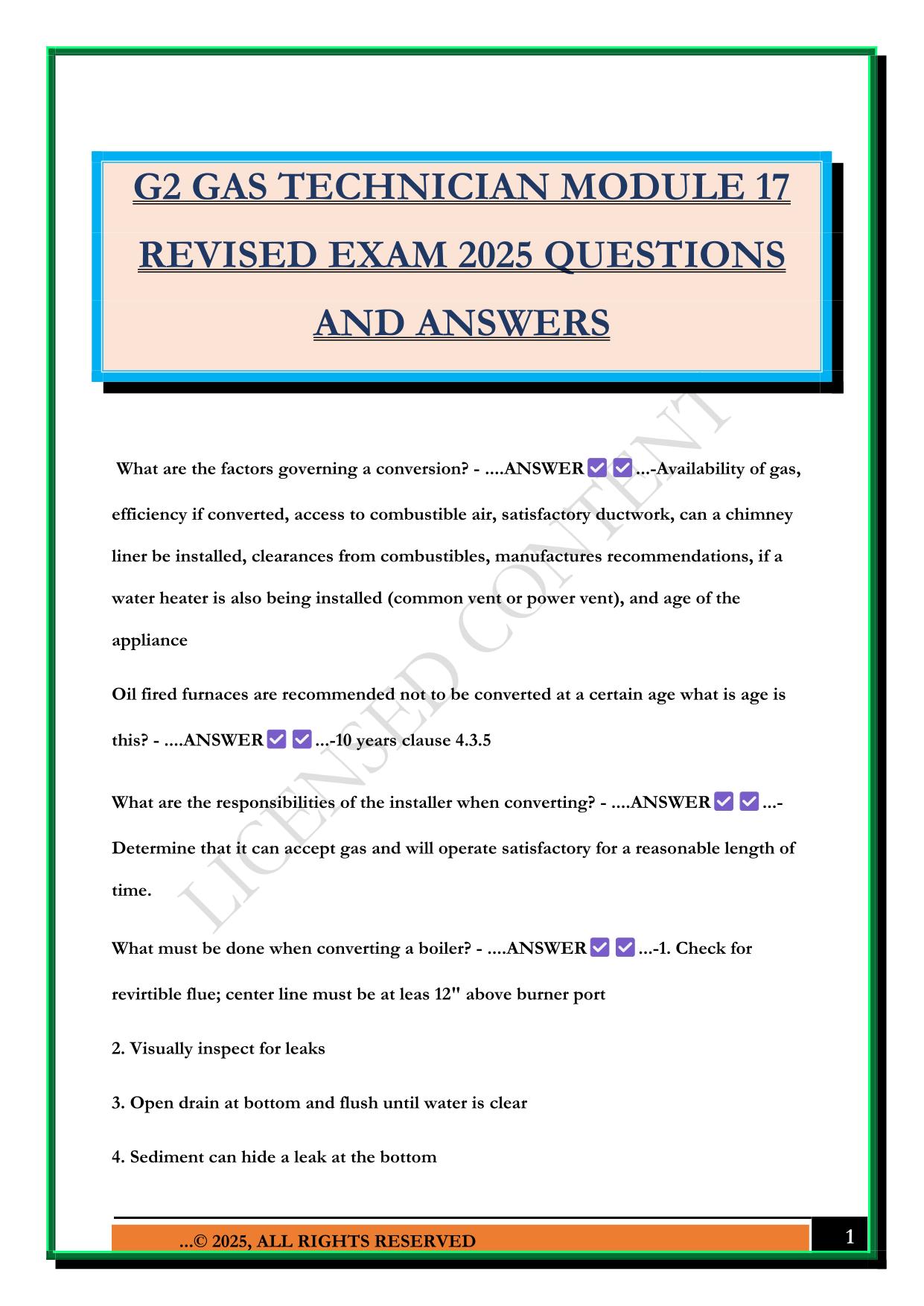 G2 GAS TECHNICIAN MODULE 17 REVISED EXAM 2025 QUESTIONS AND ANSWERS