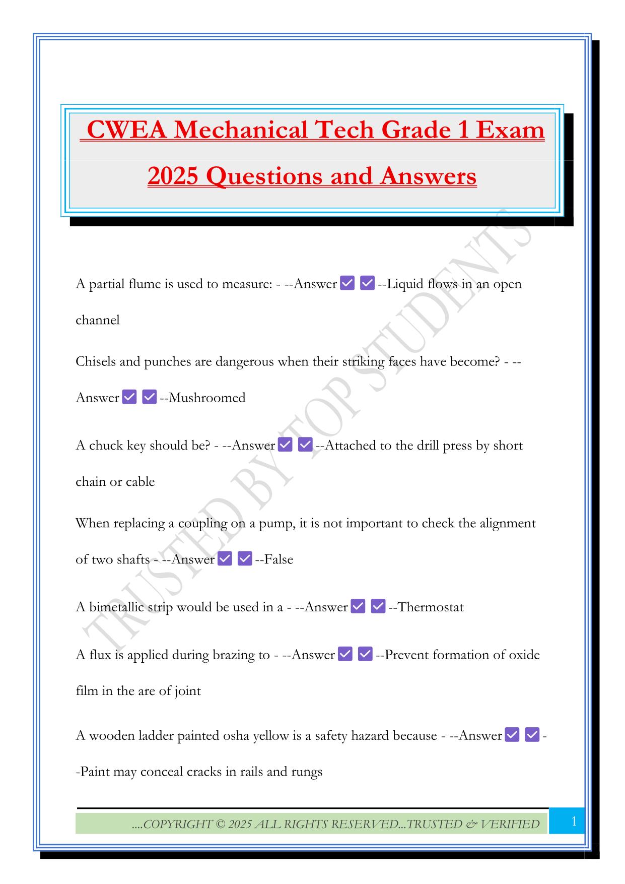 CWEA Mechanical Tech Grade 1 Exam 2025 Questions and Answers