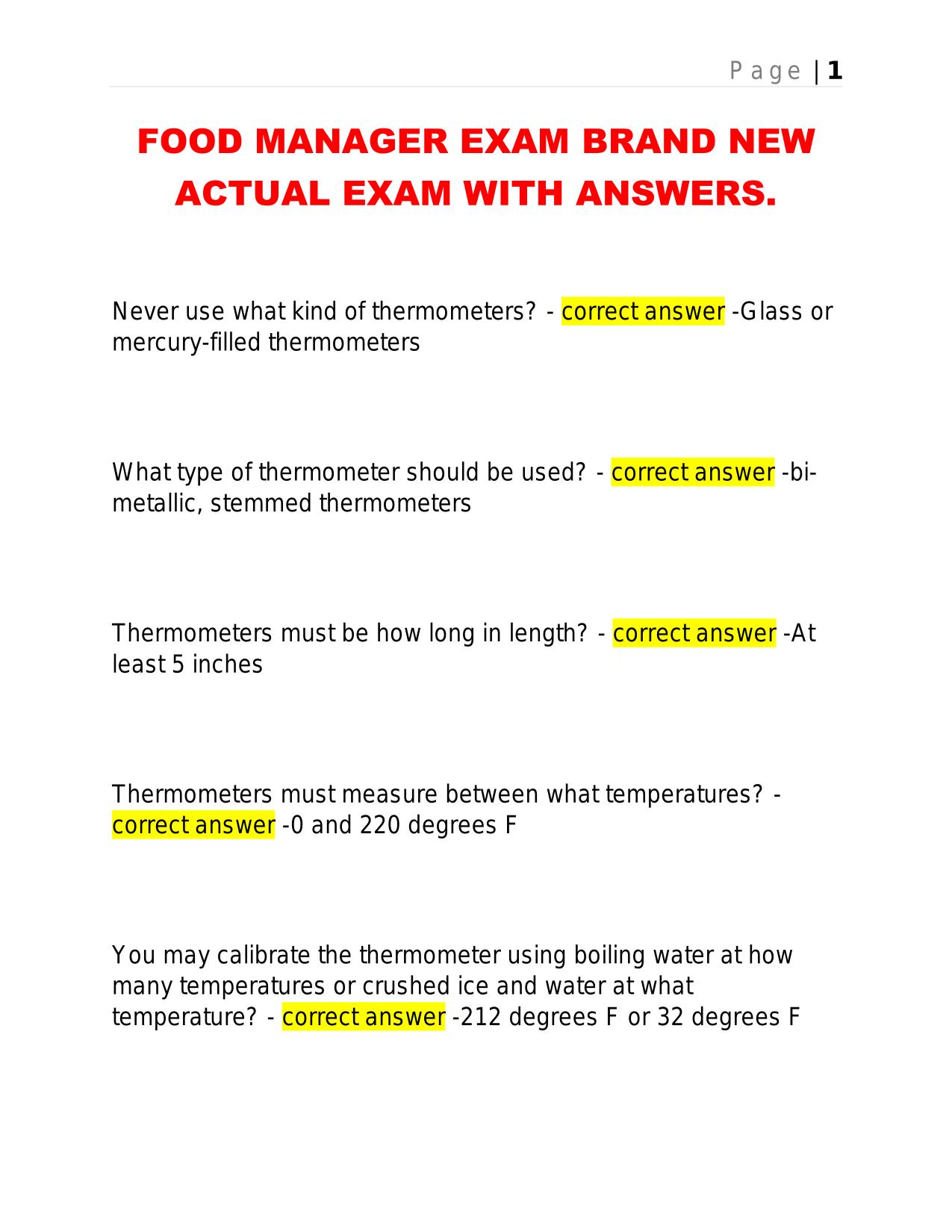FOOD MANAGER EXAM BRAND NEW ACTUAL EXAM WITH ANSWERS.