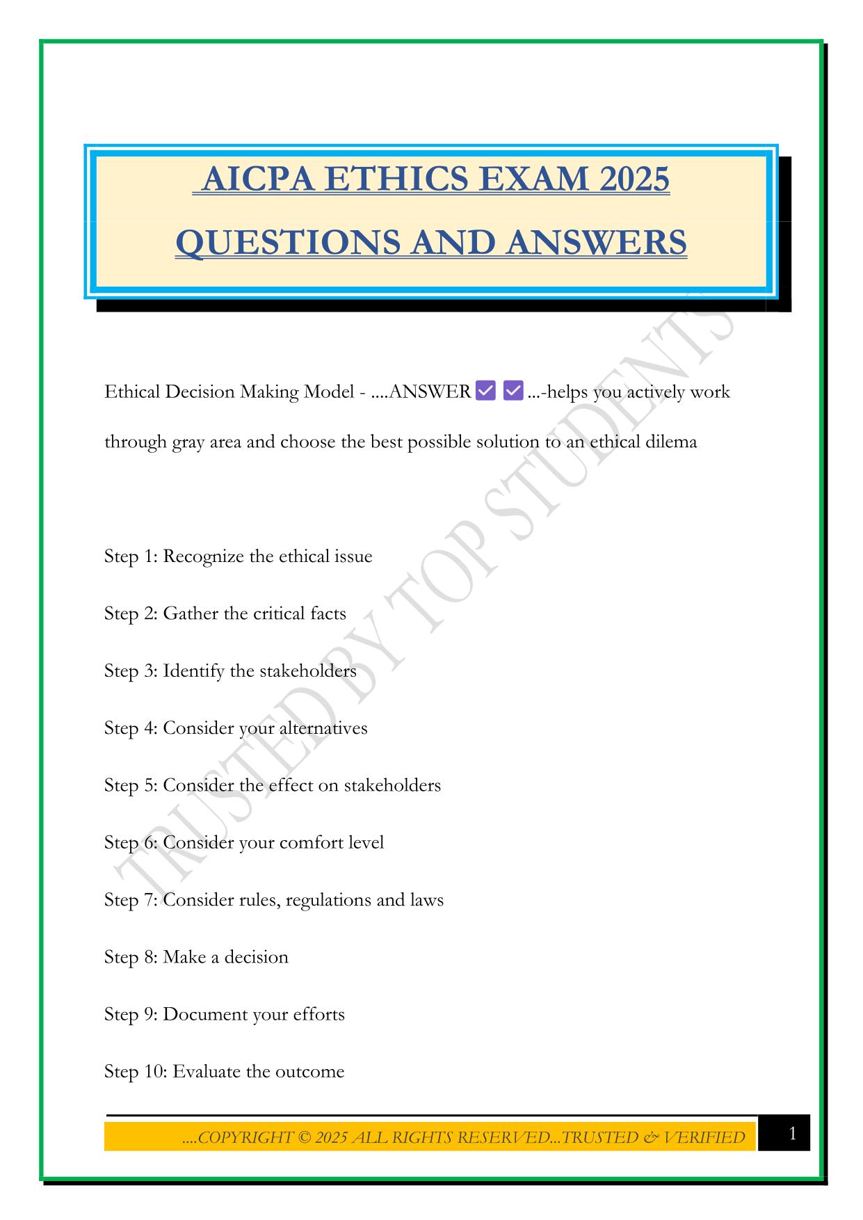 AICPA ETHICS EXAM 2025 QUESTIONS AND ANSWERS