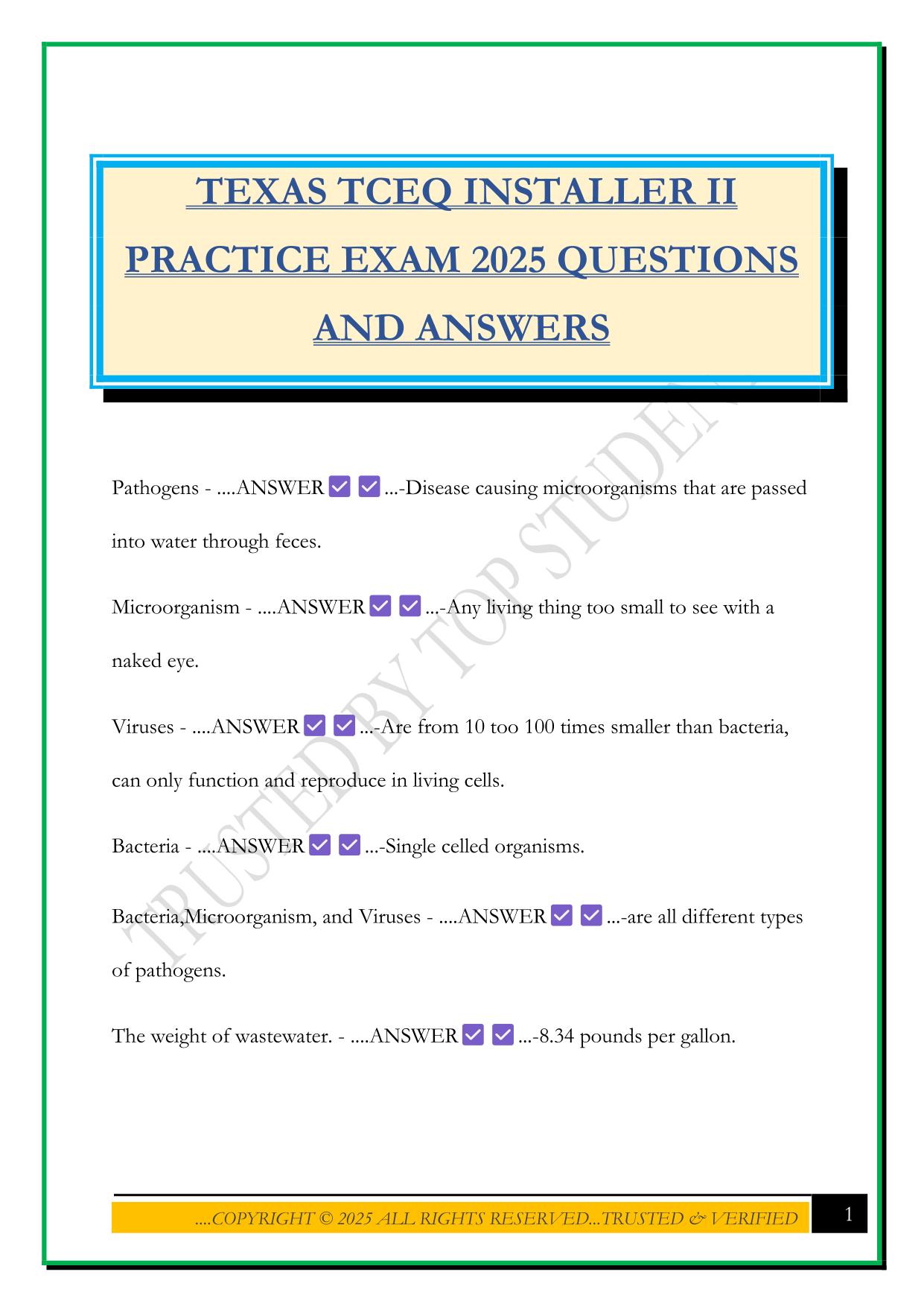 TEXAS TCEQ INSTALLER II PRACTICE EXAM 2025 QUESTIONS AND ANSWERS
