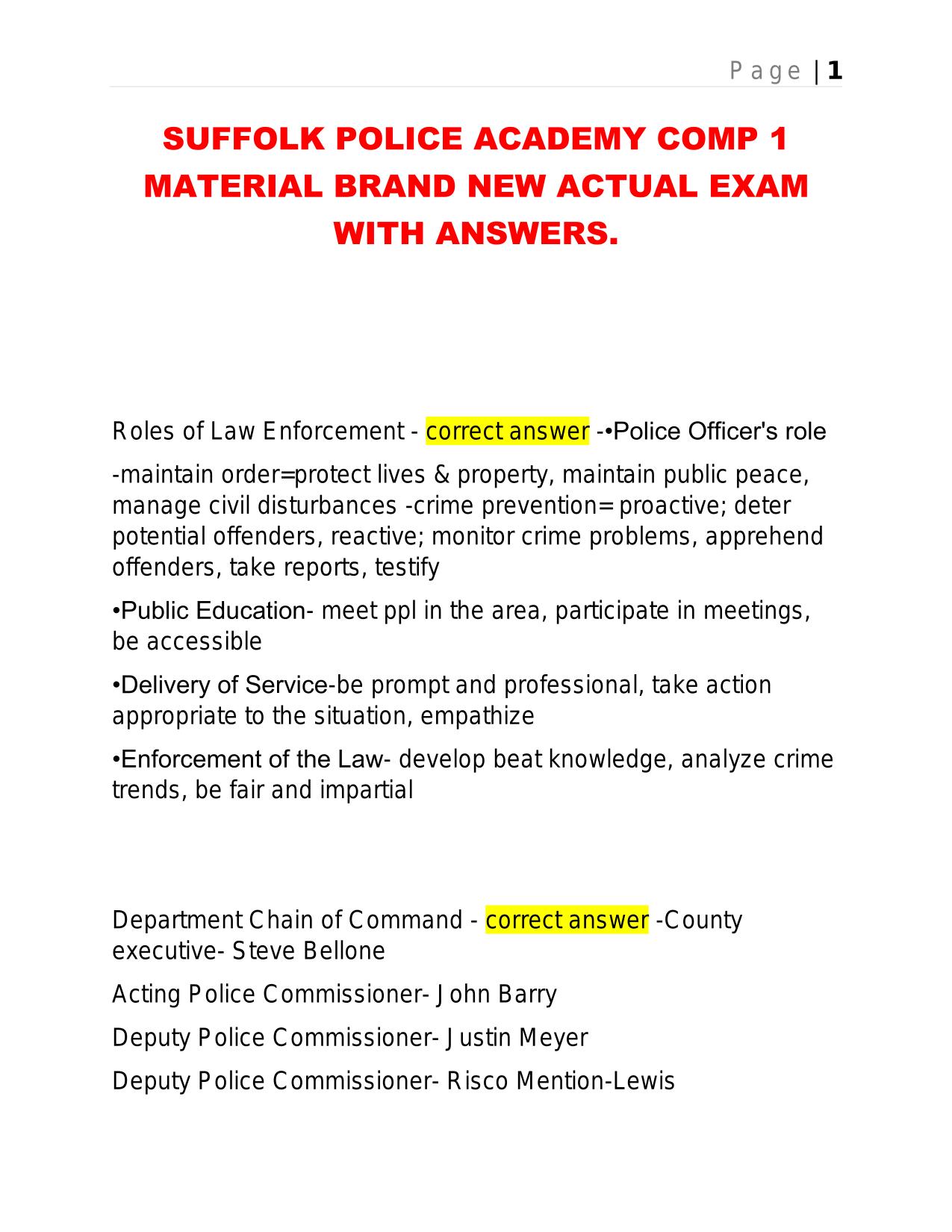 SUFFOLK POLICE ACADEMY COMP 1 MATERIAL BRAND NEW ACTUAL EXAM WITH ANSWERS.