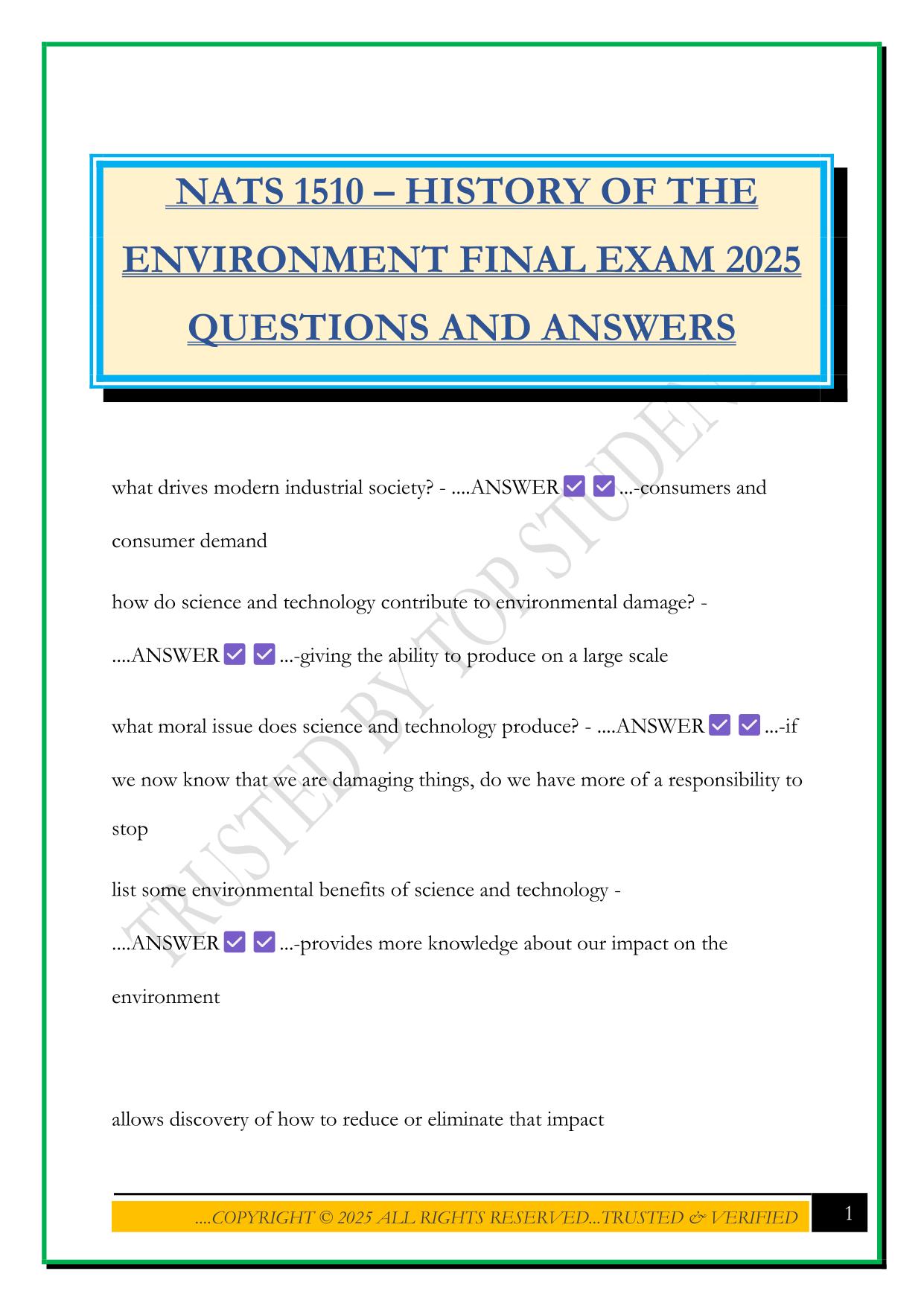 NATS 1510 – HISTORY OF THE ENVIRONMENT FINAL EXAM 2025 QUESTIONS AND ANSWERS