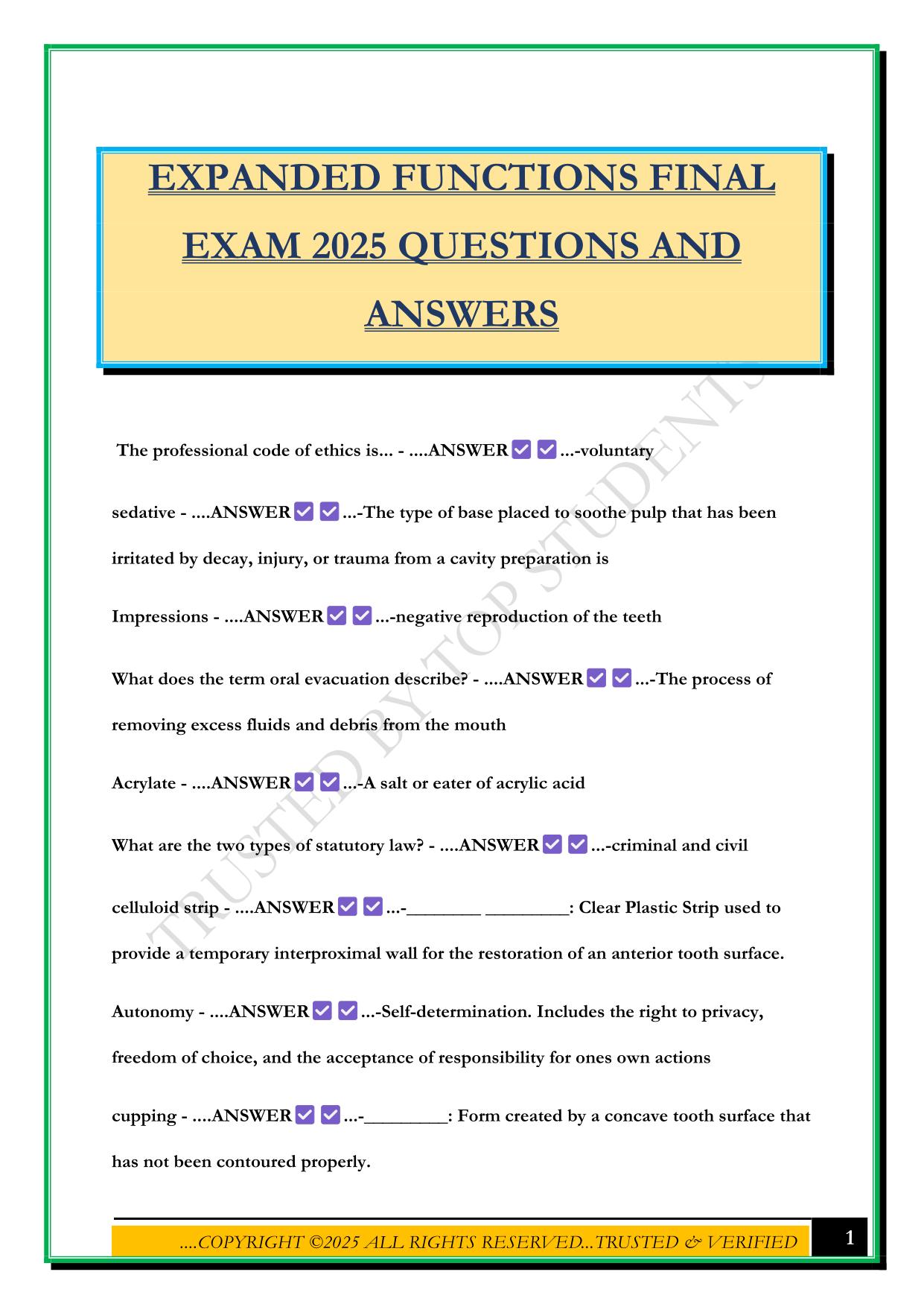 EXPANDED FUNCTIONS FINAL EXAM 2025 QUESTIONS AND ANSWERS