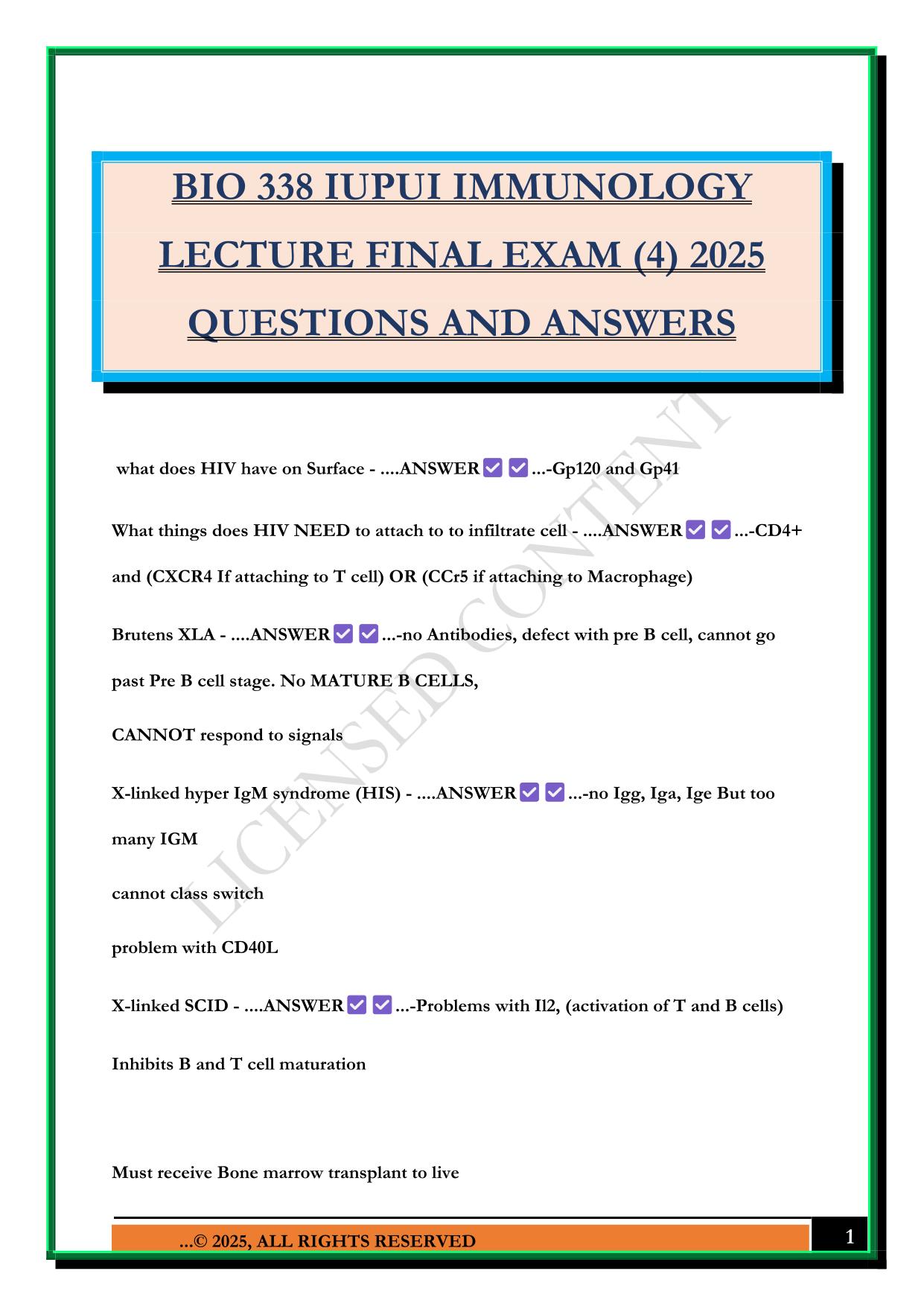 BIO 338 IUPUI IMMUNOLOGY LECTURE FINAL EXAM (4) 2025 QUESTIONS AND ANSWERS