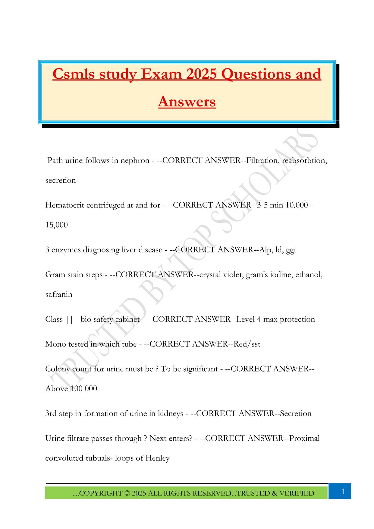 Csmls study Exam 2025 Questions and Answers