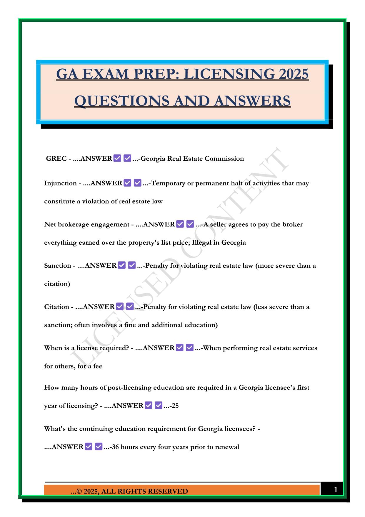GA EXAM PREP: LICENSING 2025 QUESTIONS AND ANSWERS