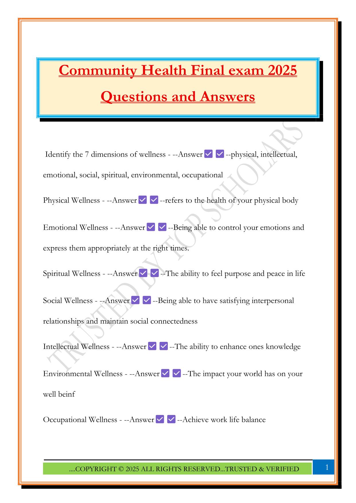 Community Health Final exam 2025 Questions and Answers