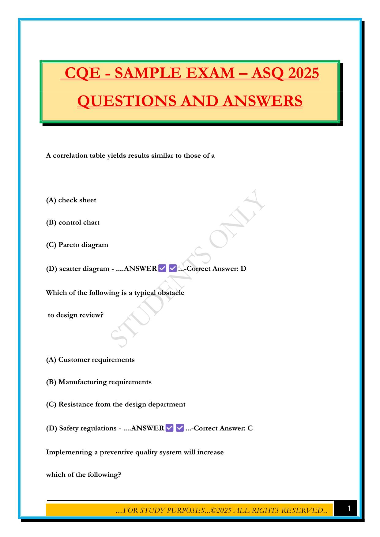CQE - SAMPLE EXAM – ASQ 2025 QUESTIONS AND ANSWERS