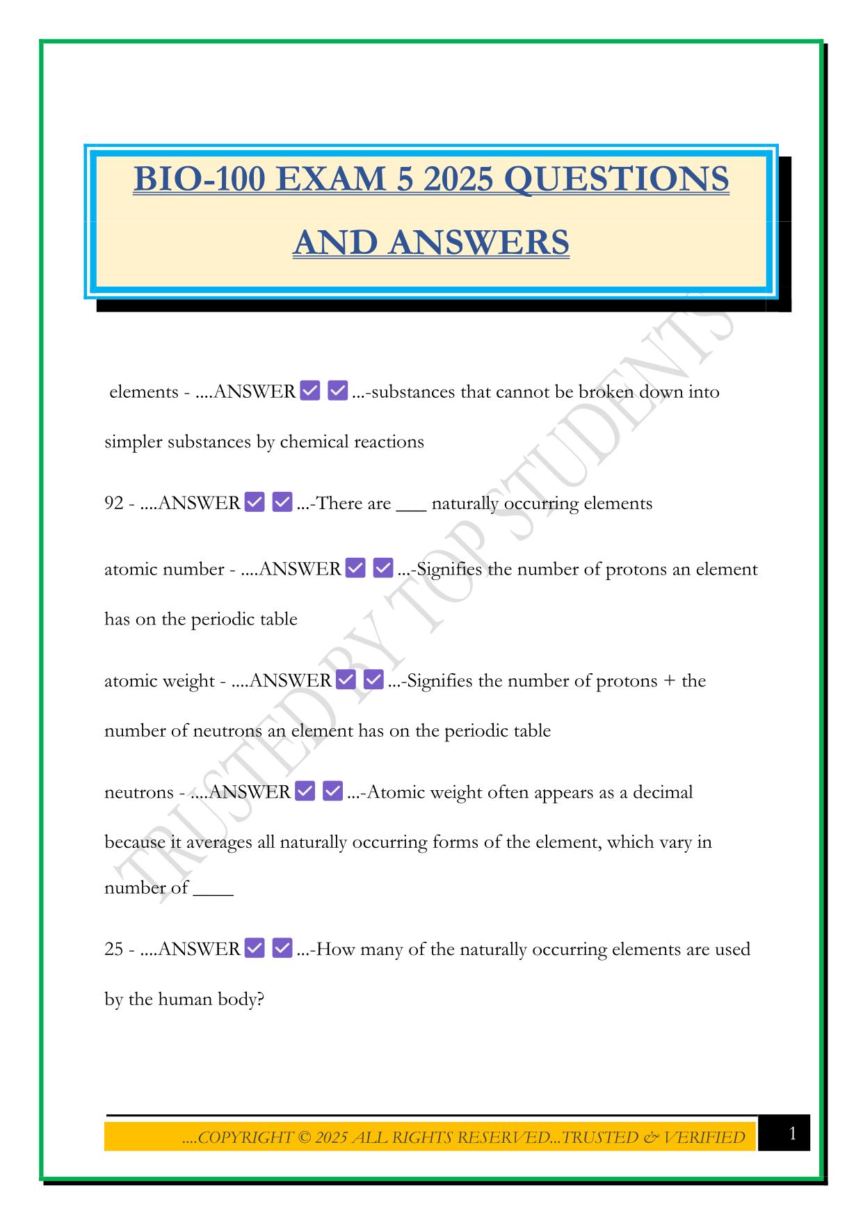 BIO-100 EXAM 5 2025 QUESTIONS AND ANSWERS