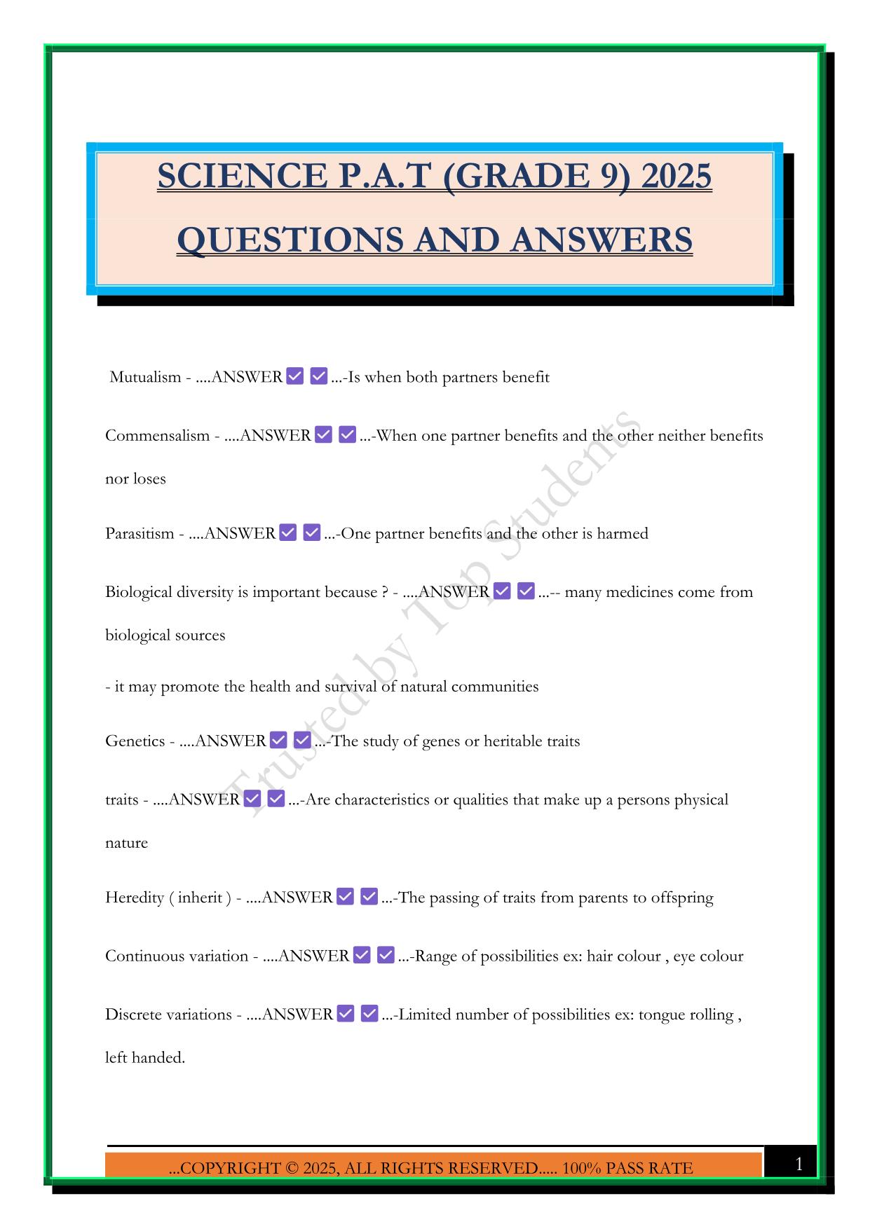 SCIENCE P.A.T (GRADE 9) 2025 QUESTIONS AND ANSWERS