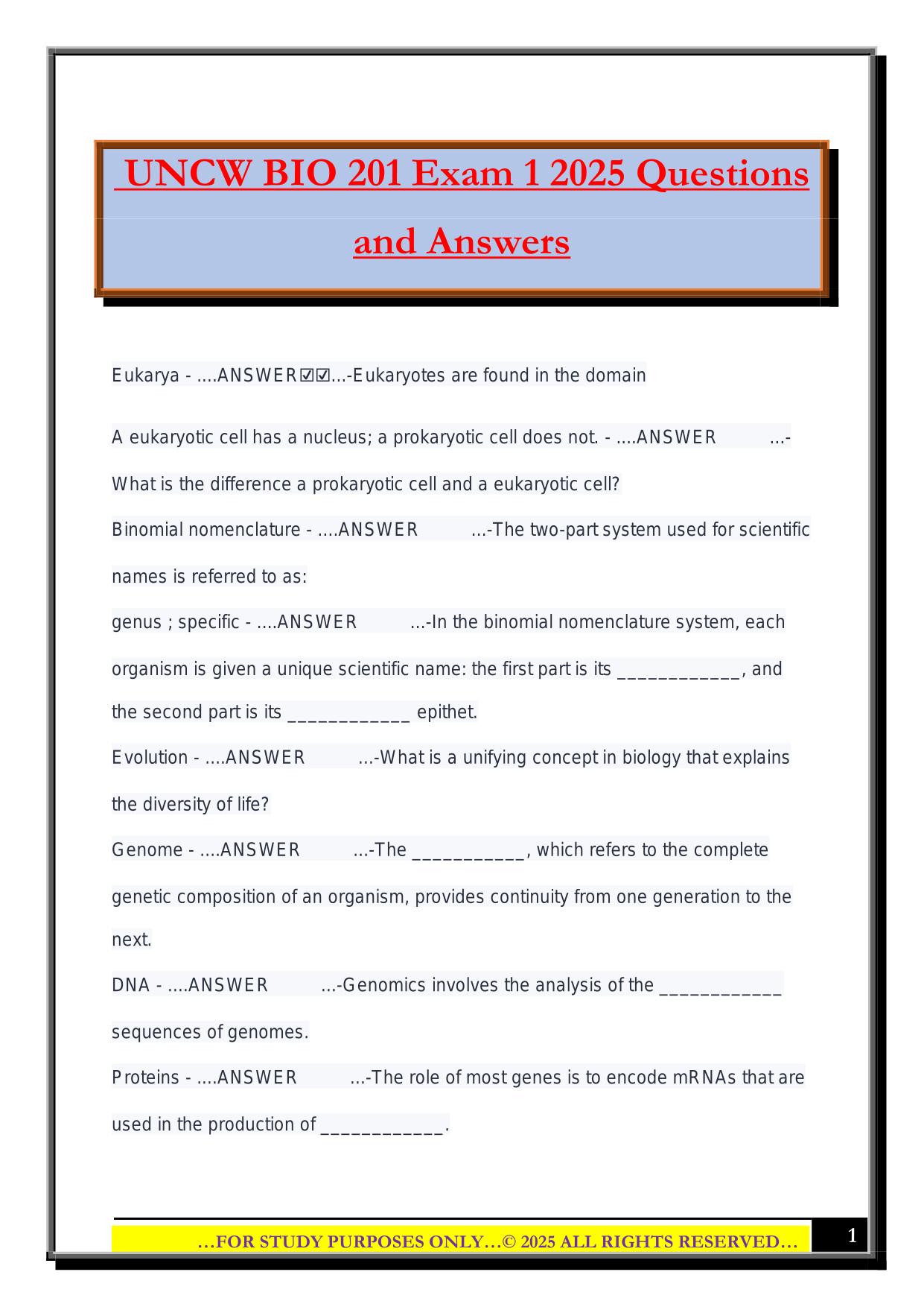 UNCW BIO 201 Exam 1 2025 Questions and Answers