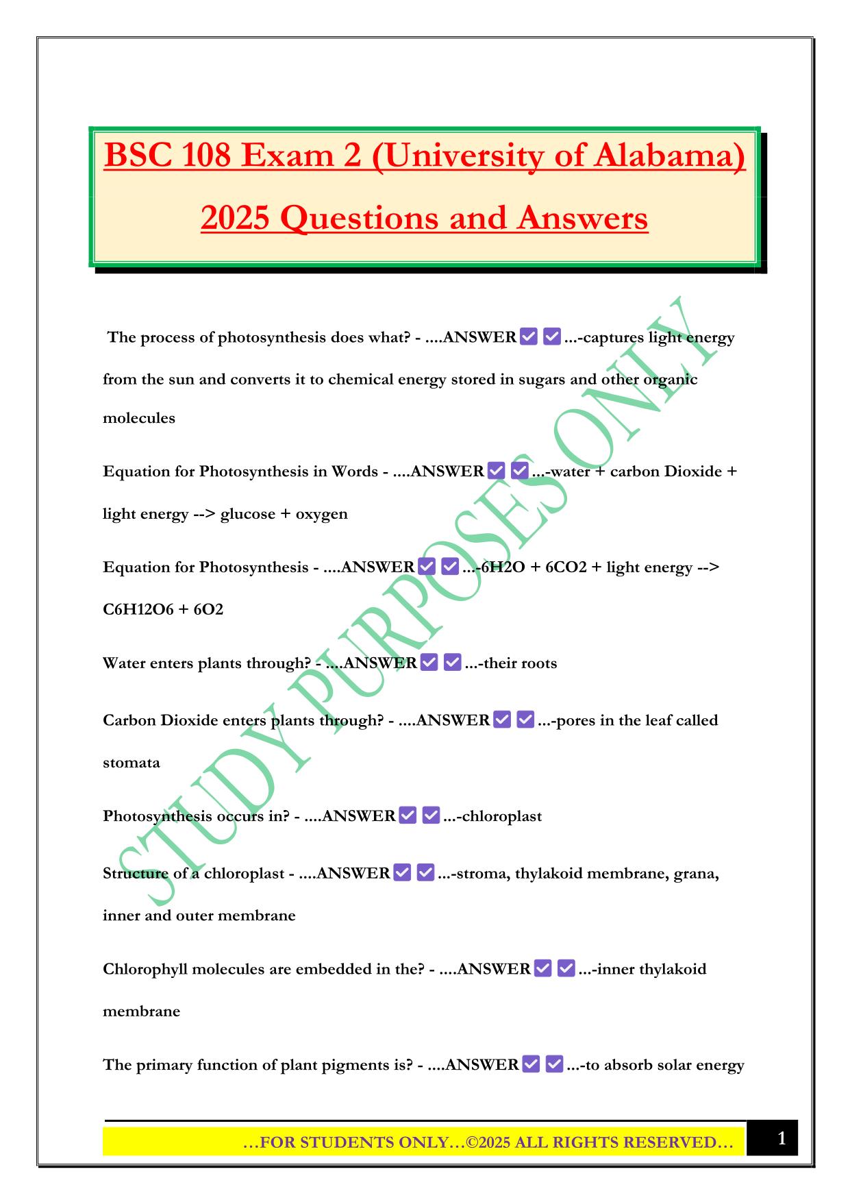 BSC 108 Exam 2 (University of Alabama) 2025 Questions and Answers