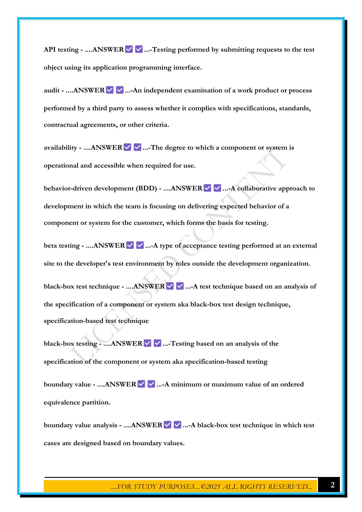 ISTQB FOUNDATION LEVEL GLOSSARY EXAM 2025 QUESTIONS AND ANSWERS